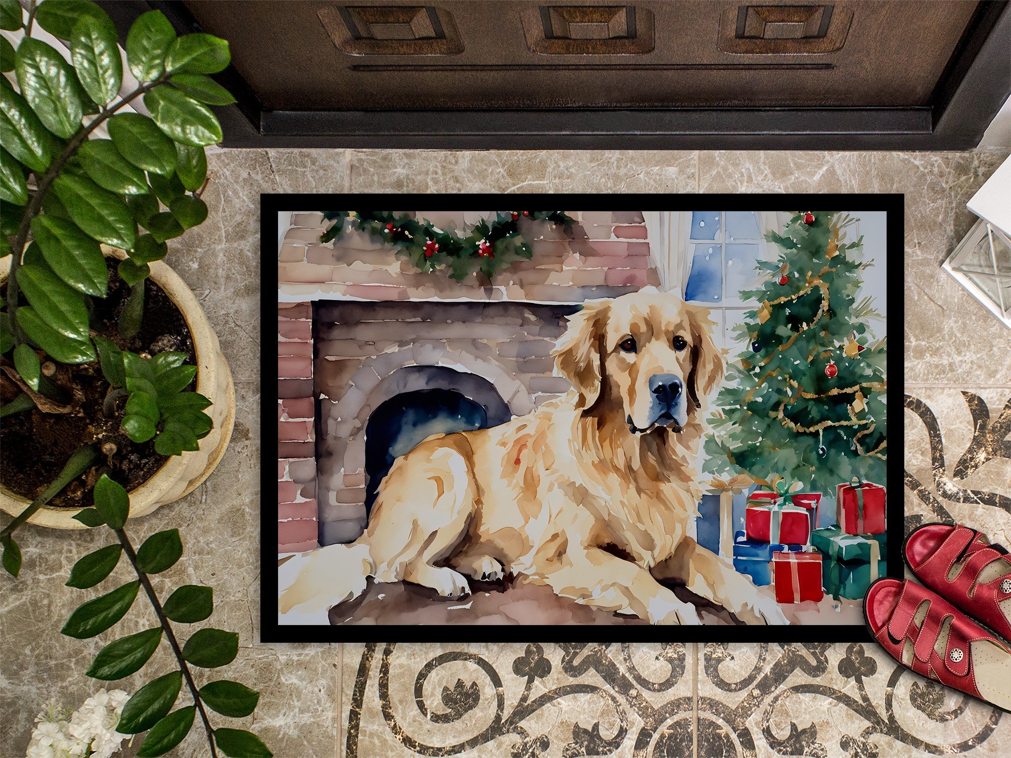 Golden Retriever Cozy Christmas Doormat Indoor Outdoor 24H X 36W Front Door Mat Rugs for Entryway, Non Slip Washable Low Pile,