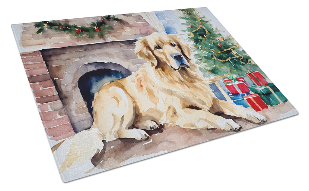 Golden Retriever Cozy Christmas Cutting Board Tempered Glass Kitchen Cutting Surface, Heat Resistant Chopping, Non-Slip Feet, Food Prep & Serving