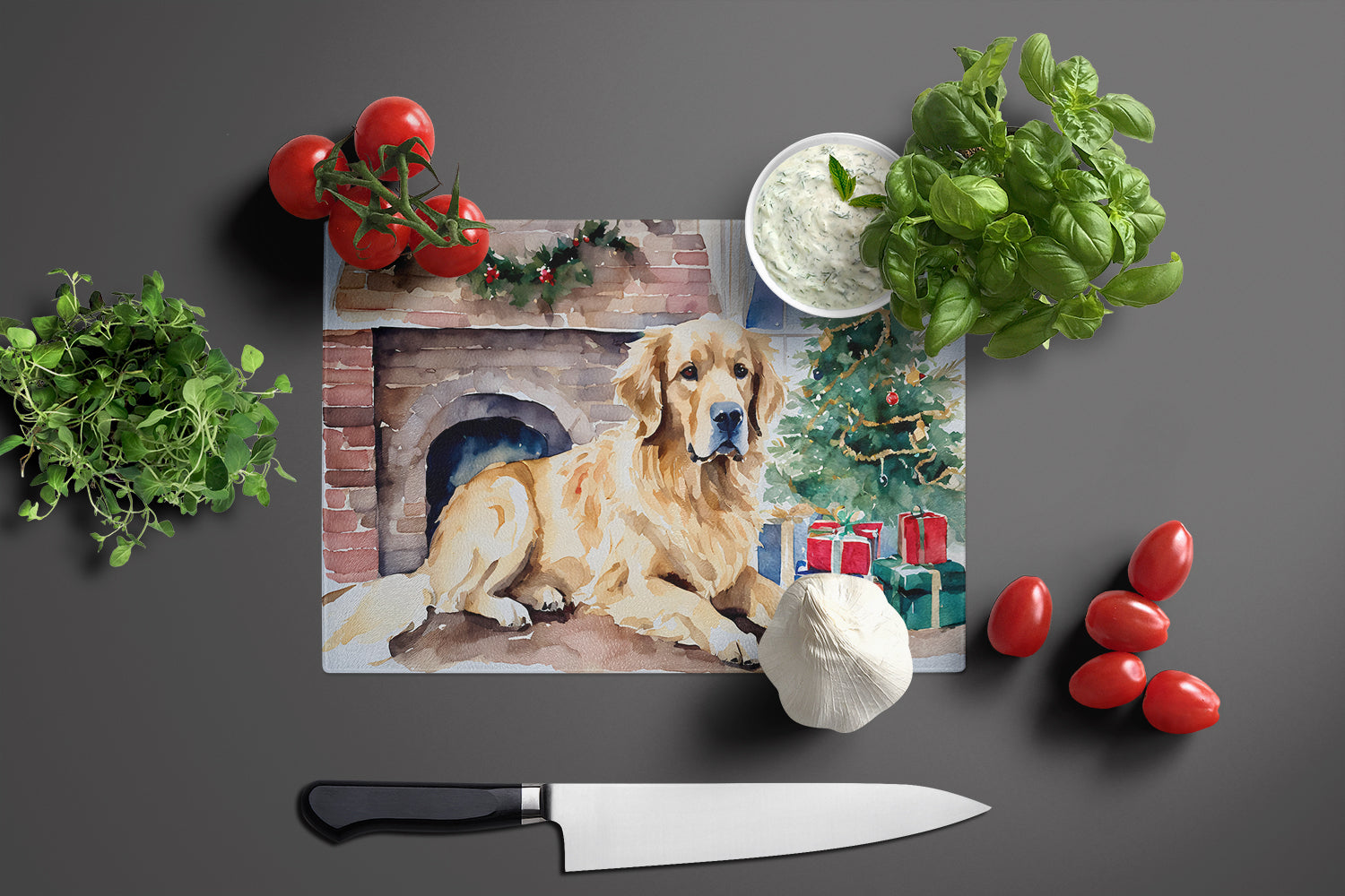 Golden Retriever Cozy Christmas Cutting Board Tempered Glass Kitchen Cutting Surface, Heat Resistant Chopping, Non-Slip Feet, Food Prep & Serving