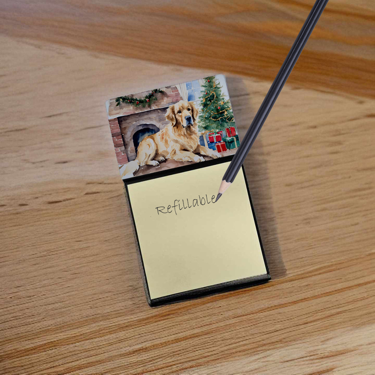 Golden Retriever Cozy Christmas Watercolor Sticky Note Holder Refillable Dispenser Desk Accessory 3x3 Pad Gift