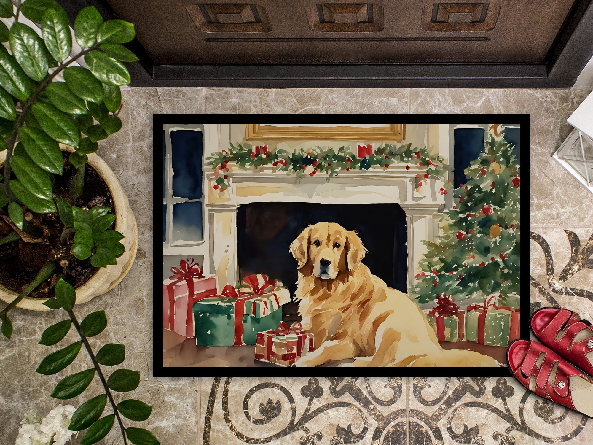 Golden Retriever Cozy Christmas Doormat Indoor Outdoor 24H X 36W Front Door Mat Rugs for Entryway, Non Slip Washable Low Pile,