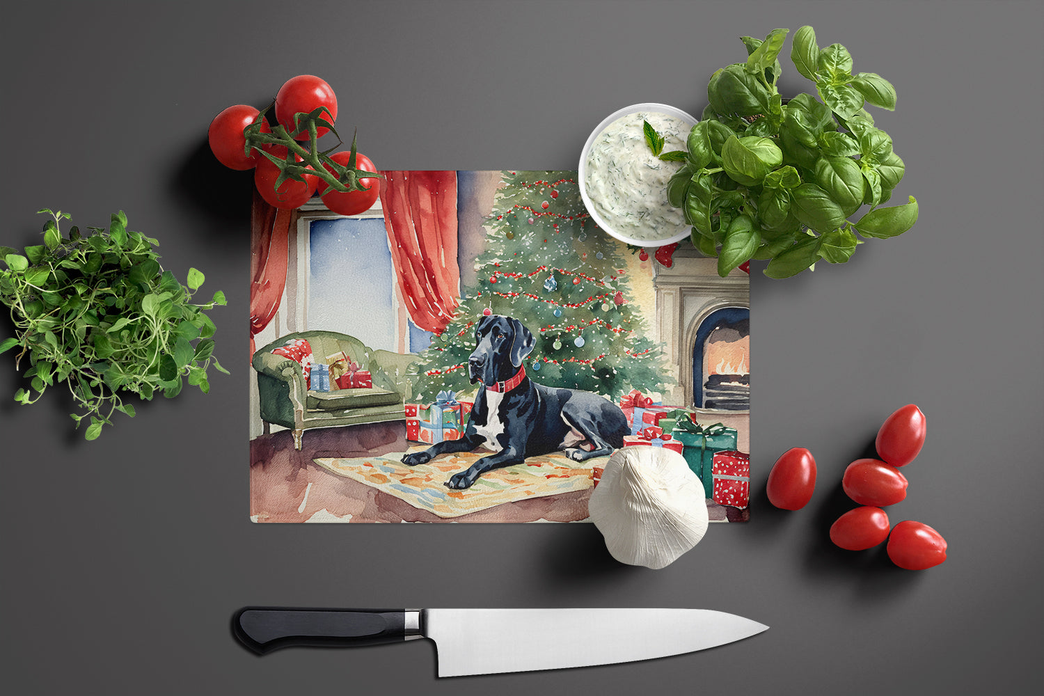 Great Dane Cozy Christmas Cutting Board Tempered Glass Kitchen Cutting Surface, Heat Resistant Chopping, Non-Slip Feet, Food Prep & Serving