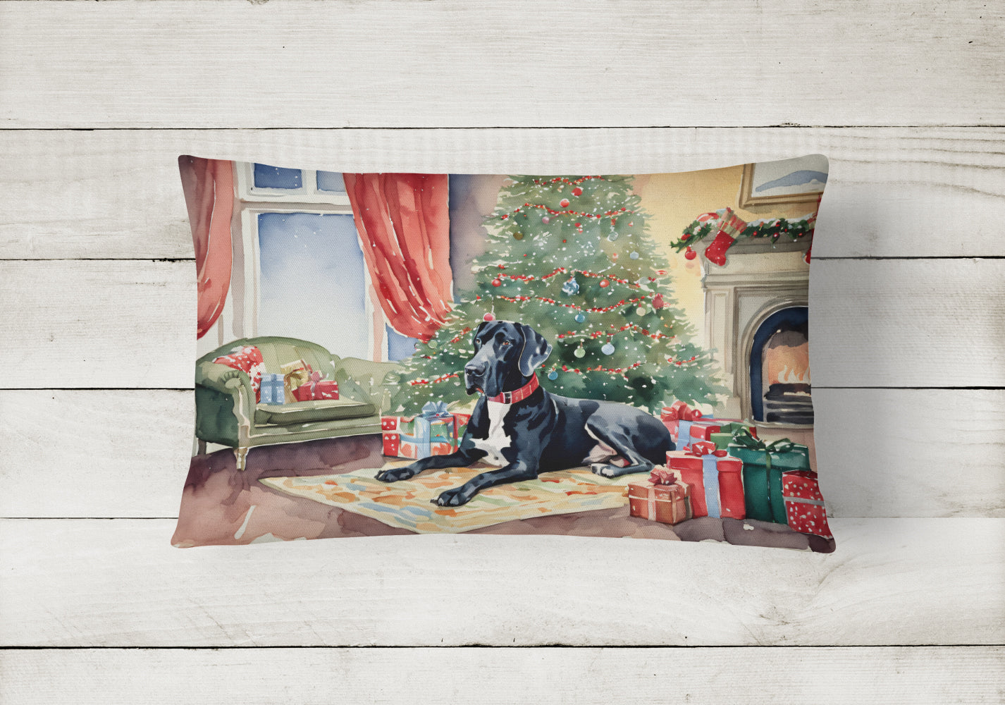Great Dane Cozy Christmas Decorative Throw Pillow 12x16 Indoor Outdoor Accent Cushion, Fabric Cover with Insert for Sofa, Bed, Porch & Living Room