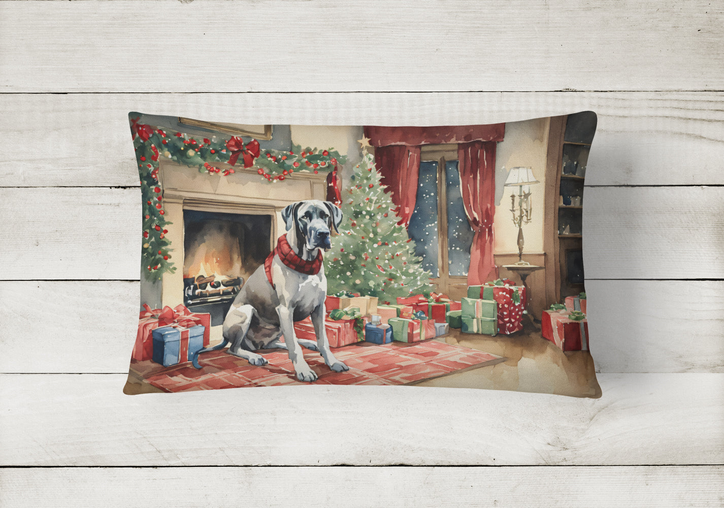 Great Dane Cozy Christmas Decorative Throw Pillow 12x16 Indoor Outdoor Accent Cushion, Fabric Cover with Insert for Sofa, Bed, Porch & Living Room