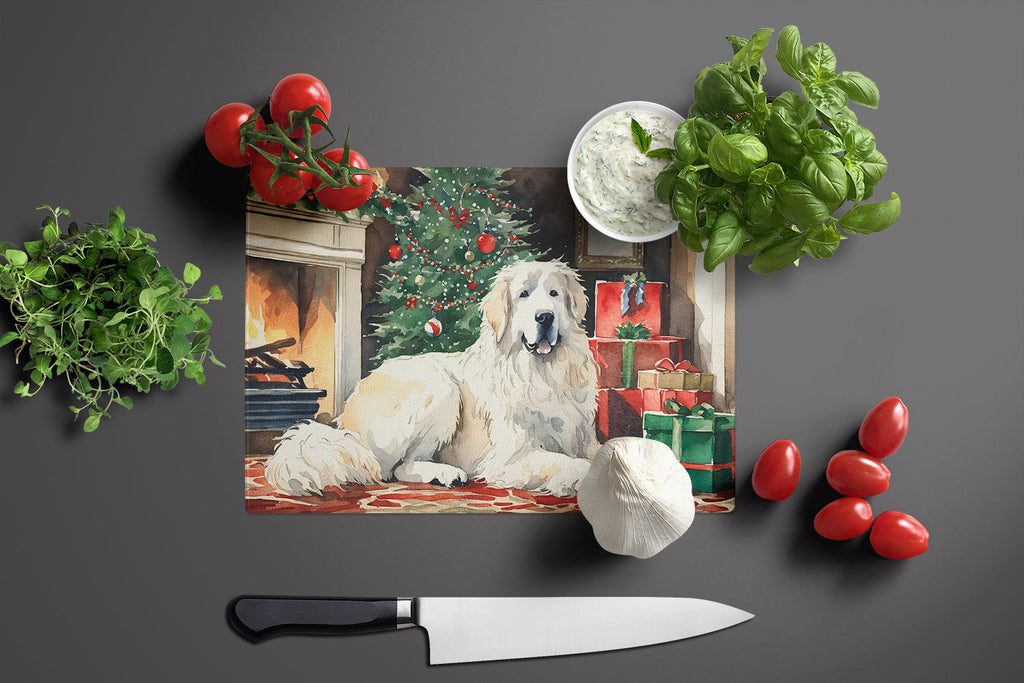 Great Pyrenees Cozy Christmas Cutting Board Tempered Glass Kitchen Cutting Surface, Heat Resistant Chopping, Non-Slip Feet, Food Prep & Serving