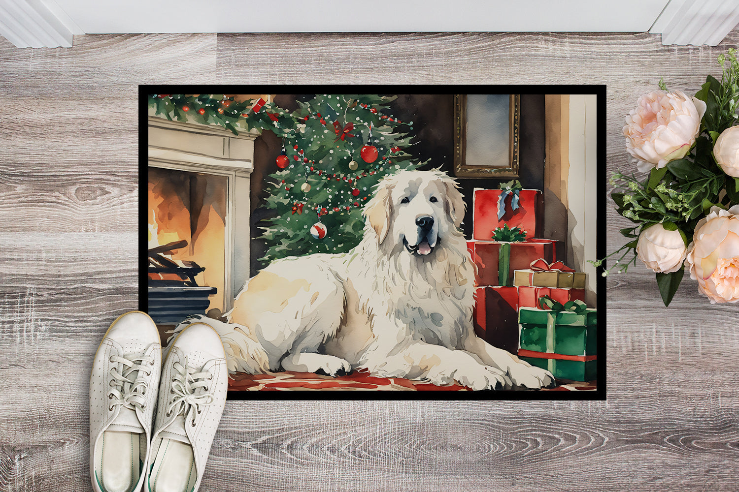 Great Pyrenees Cozy Christmas Doormat Indoor Outdoor 18H X 27W Front Door Mat Rugs for Entryway, Non Slip Washable