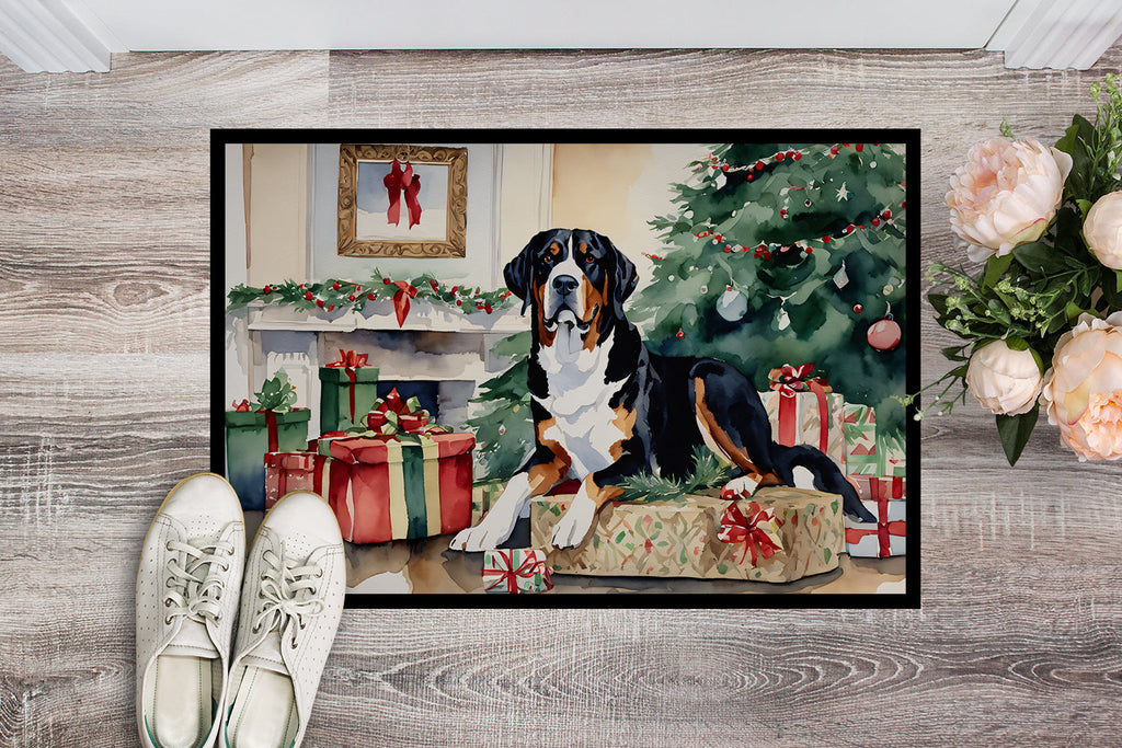 Greater Swiss Mountain Dog Cozy Christmas Doormat Indoor Outdoor 18H X 27W Front Door Mat Rugs for Entryway, Non Slip Washable