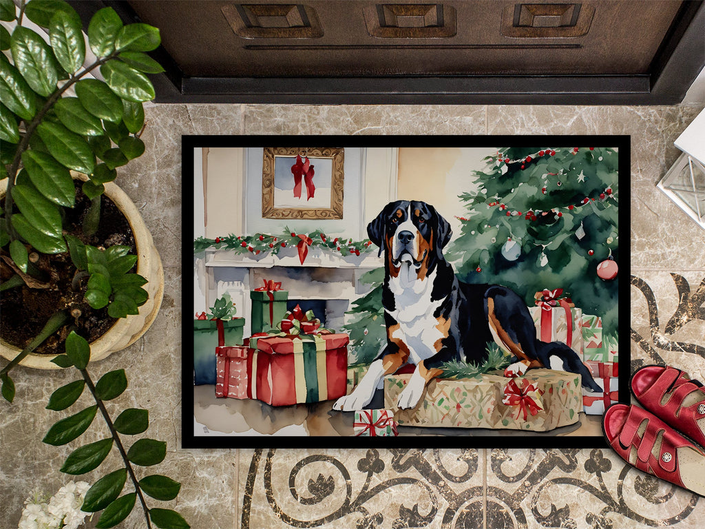 Greater Swiss Mountain Dog Cozy Christmas Doormat Indoor Outdoor 18H X 27W Front Door Mat Rugs for Entryway, Non Slip Washable