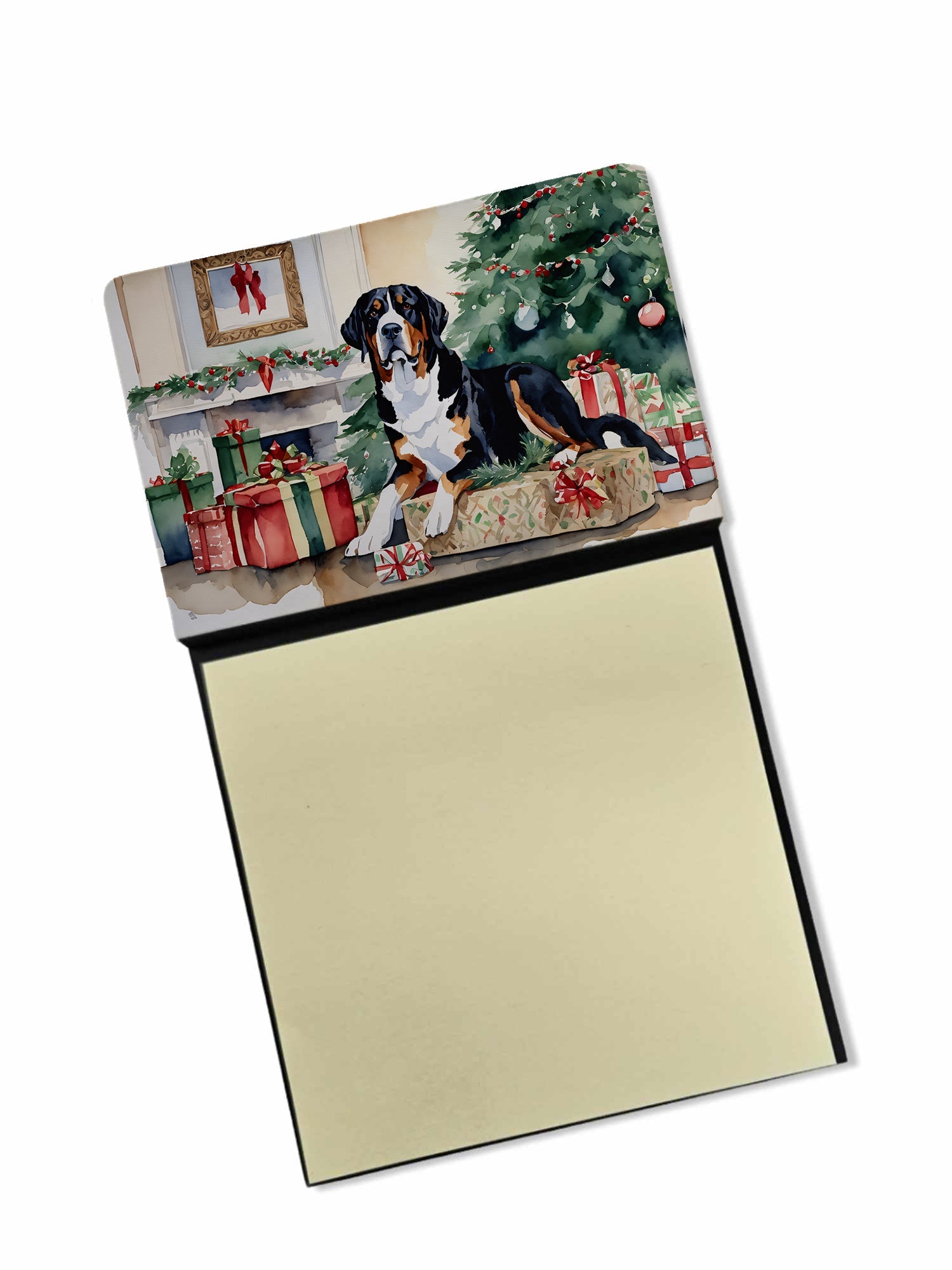 Greater Swiss Mountain Dog Cozy Christmas Watercolor Sticky Note Holder Refillable Dispenser Desk Accessory 3x3 Pad Gift
