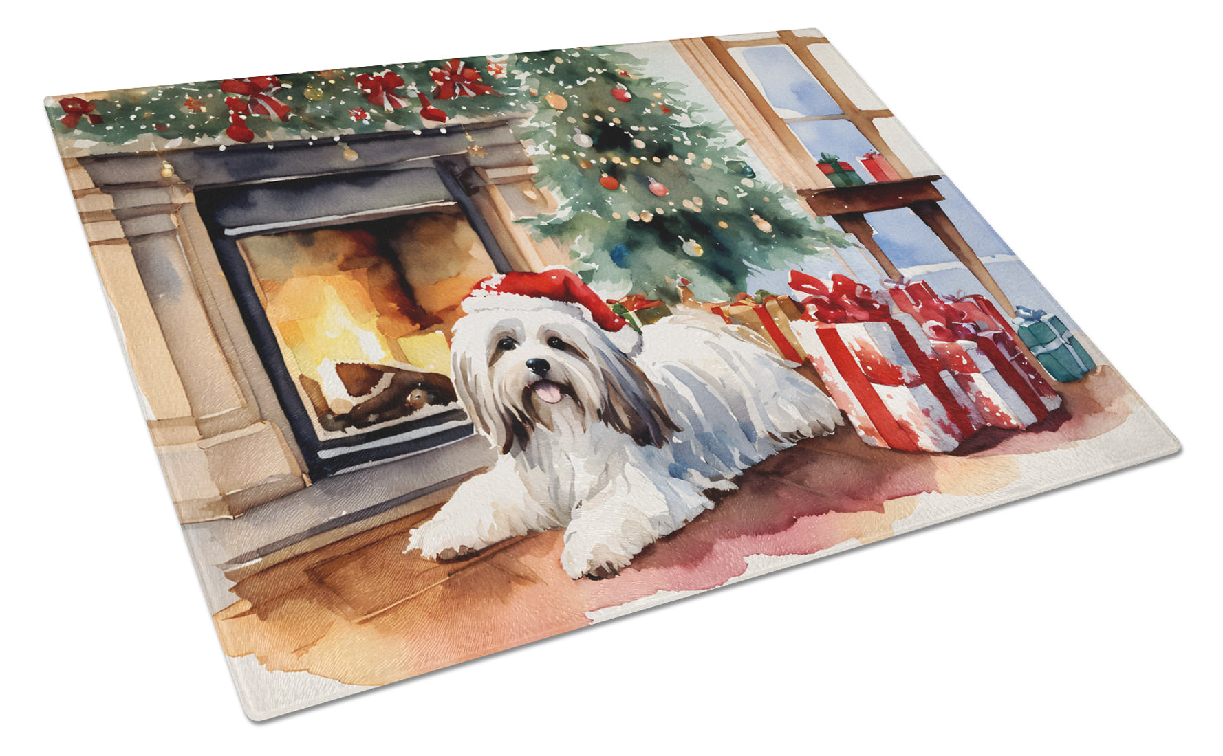 Havanese Cozy Christmas Cutting Board Tempered Glass Kitchen Cutting Surface, Heat Resistant Chopping, Non-Slip Feet, Food Prep & Serving