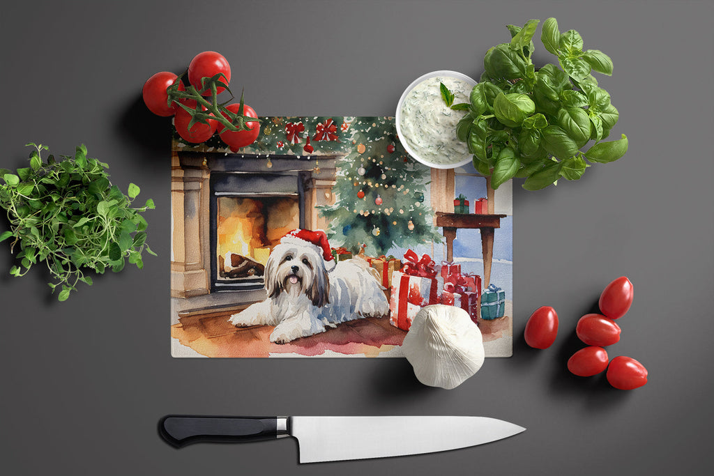 Havanese Cozy Christmas Cutting Board Tempered Glass Kitchen Cutting Surface, Heat Resistant Chopping, Non-Slip Feet, Food Prep & Serving