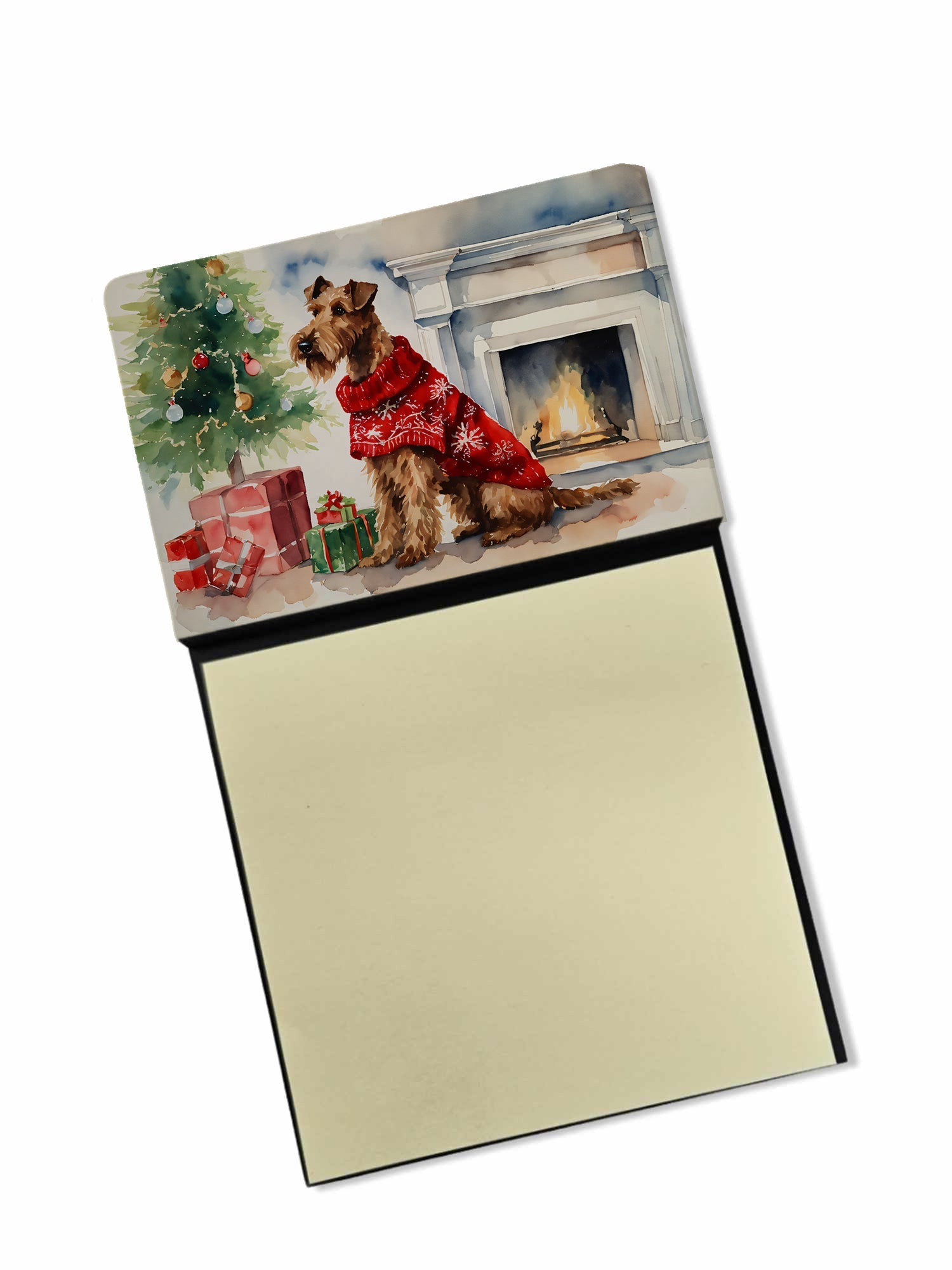 Irish Terrier Cozy Christmas Watercolor Sticky Note Holder Refillable Dispenser Desk Accessory 3x3 Pad Gift