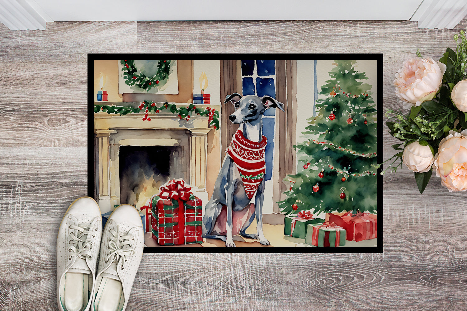 Italian Greyhound Cozy Christmas Doormat Indoor Outdoor 24H X 36W Front Door Mat Rugs for Entryway, Non Slip Washable Low Pile,