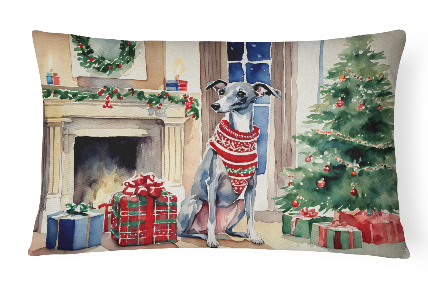 Italian Greyhound Cozy Christmas Decorative Throw Pillow 12x16 Indoor Outdoor Accent Cushion, Fabric Cover with Insert for Sofa, Bed, Porch & Living Room