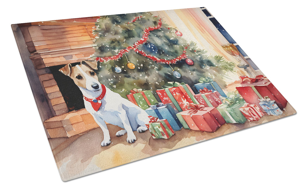 Jack Russell Terrier Cozy Christmas Cutting Board Tempered Glass Kitchen Cutting Surface, Heat Resistant Chopping, Non-Slip Feet, Food Prep & Serving