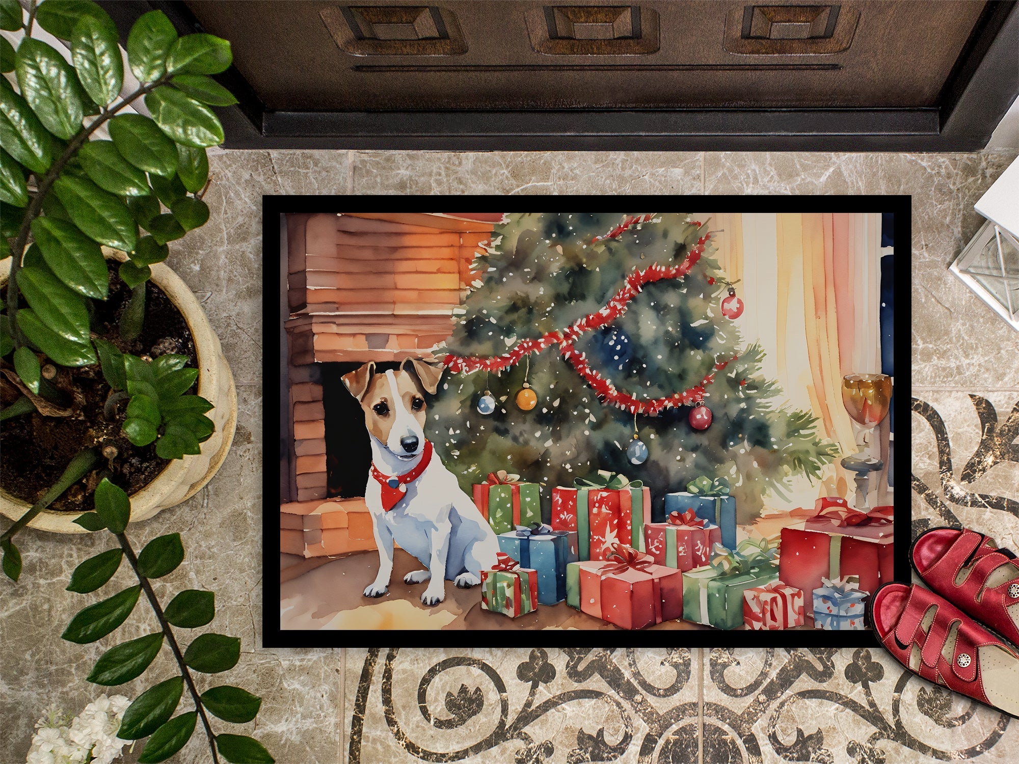 Jack Russell Terrier Cozy Christmas Doormat Indoor Outdoor 18H X 27W Front Door Mat Rugs for Entryway, Non Slip Washable