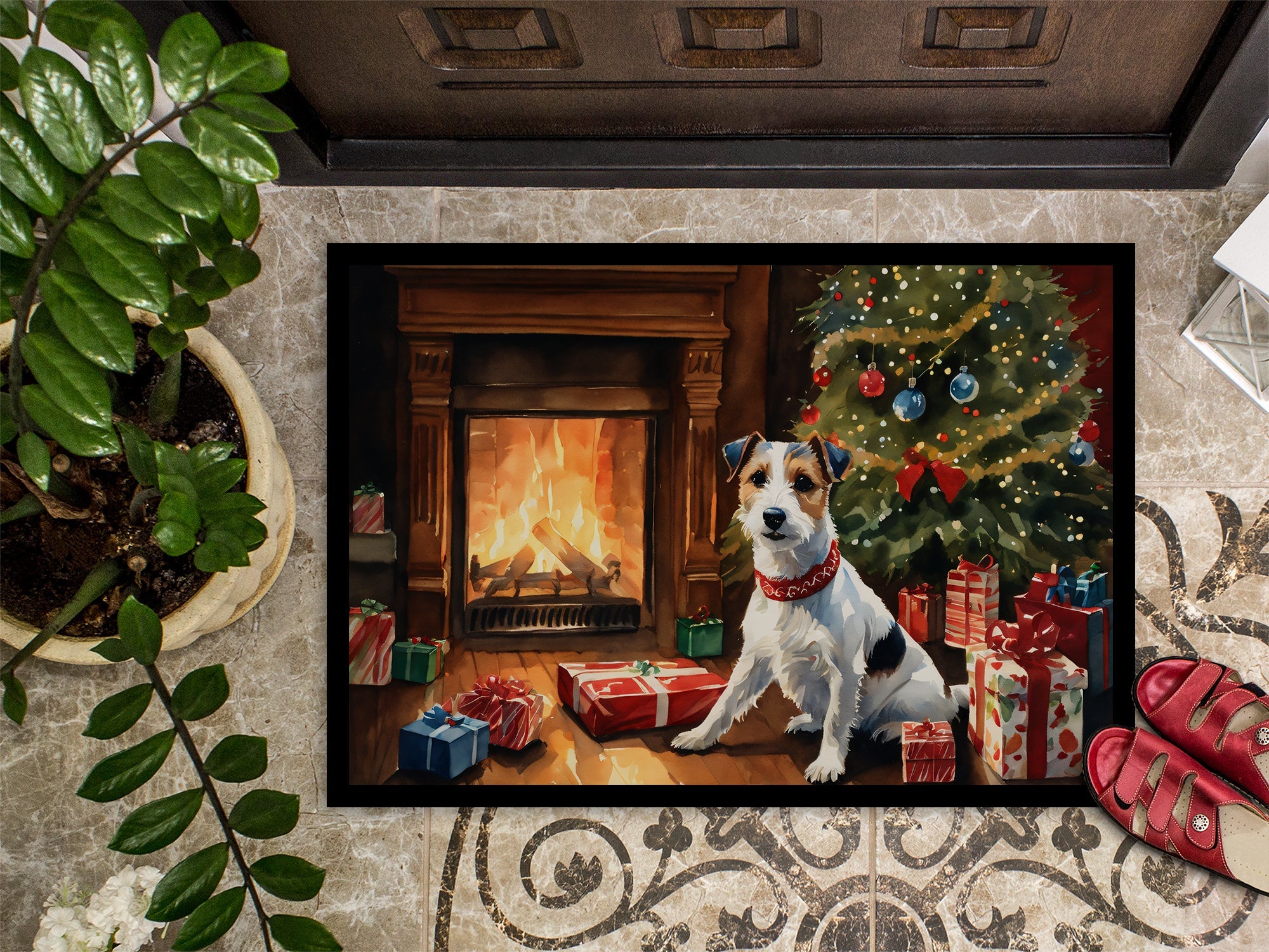 Jack Russell Terrier Cozy Christmas Doormat Indoor Outdoor 24H X 36W Front Door Mat Rugs for Entryway, Non Slip Washable Low Pile,