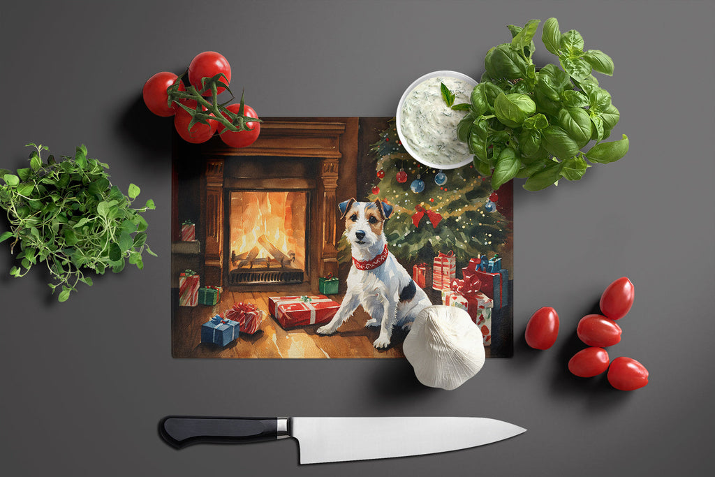 Jack Russell Terrier Cozy Christmas Cutting Board Tempered Glass Kitchen Cutting Surface, Heat Resistant Chopping, Non-Slip Feet, Food Prep & Serving