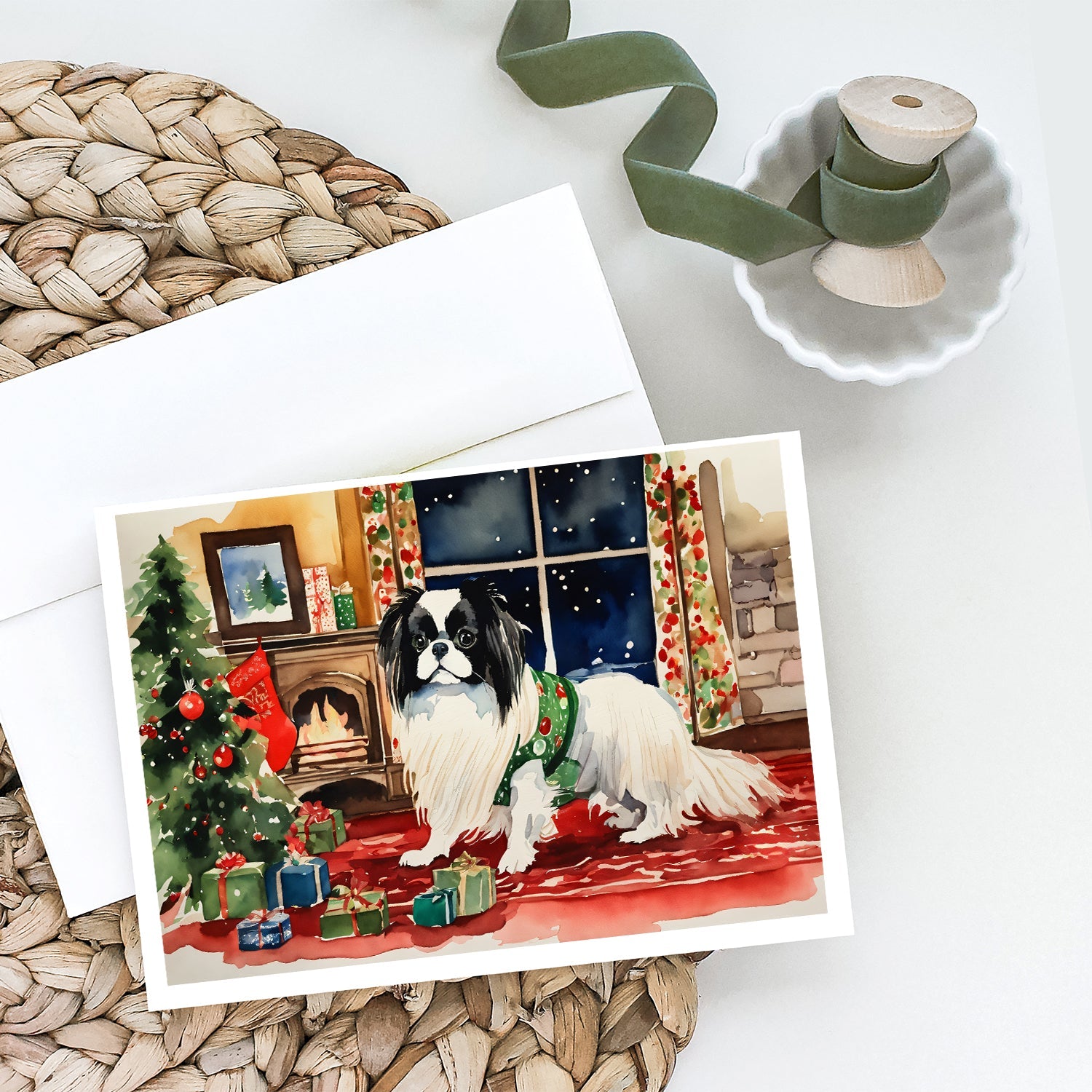 Japanese Chin Cozy Christmas Greeting Cards Pack of 8 Blank Cards with Envelopes Whimsical A7 Size 5x7