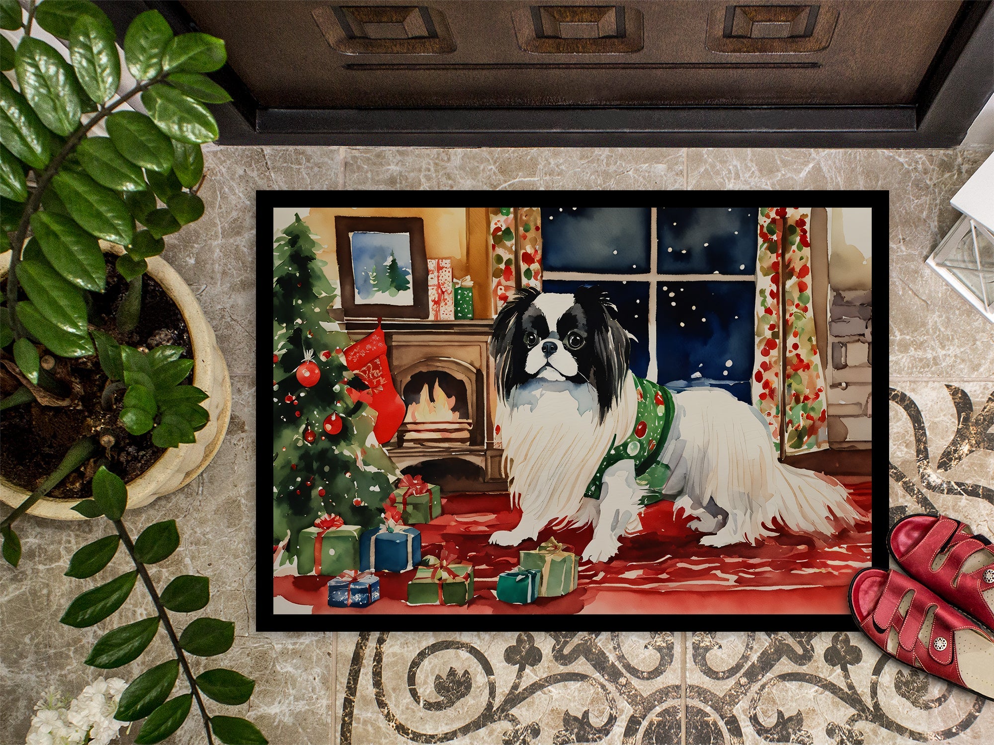 Japanese Chin Cozy Christmas Doormat Indoor Outdoor 18H X 27W Front Door Mat Rugs for Entryway, Non Slip Washable