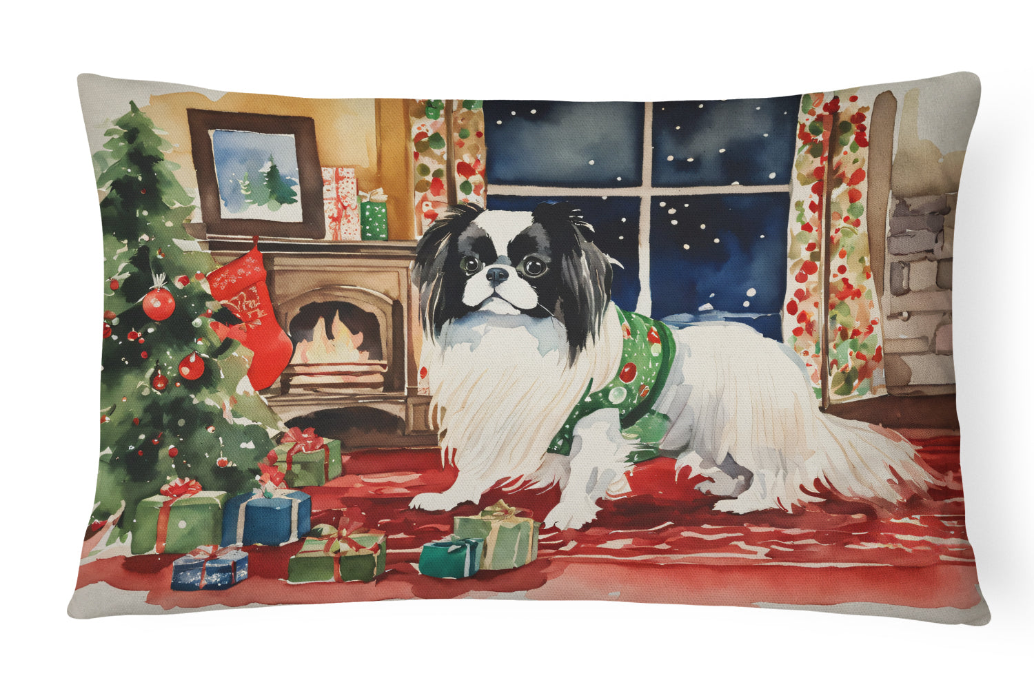 Japanese Chin Cozy Christmas Decorative Throw Pillow 12x16 Indoor Outdoor Accent Cushion, Fabric Cover with Insert for Sofa, Bed, Porch & Living Room