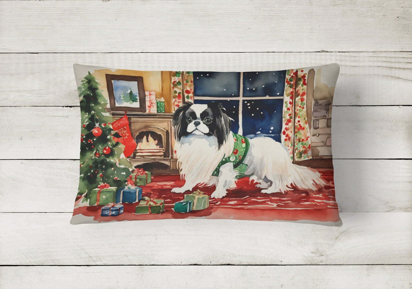 Japanese Chin Cozy Christmas Decorative Throw Pillow 12x16 Indoor Outdoor Accent Cushion, Fabric Cover with Insert for Sofa, Bed, Porch & Living Room
