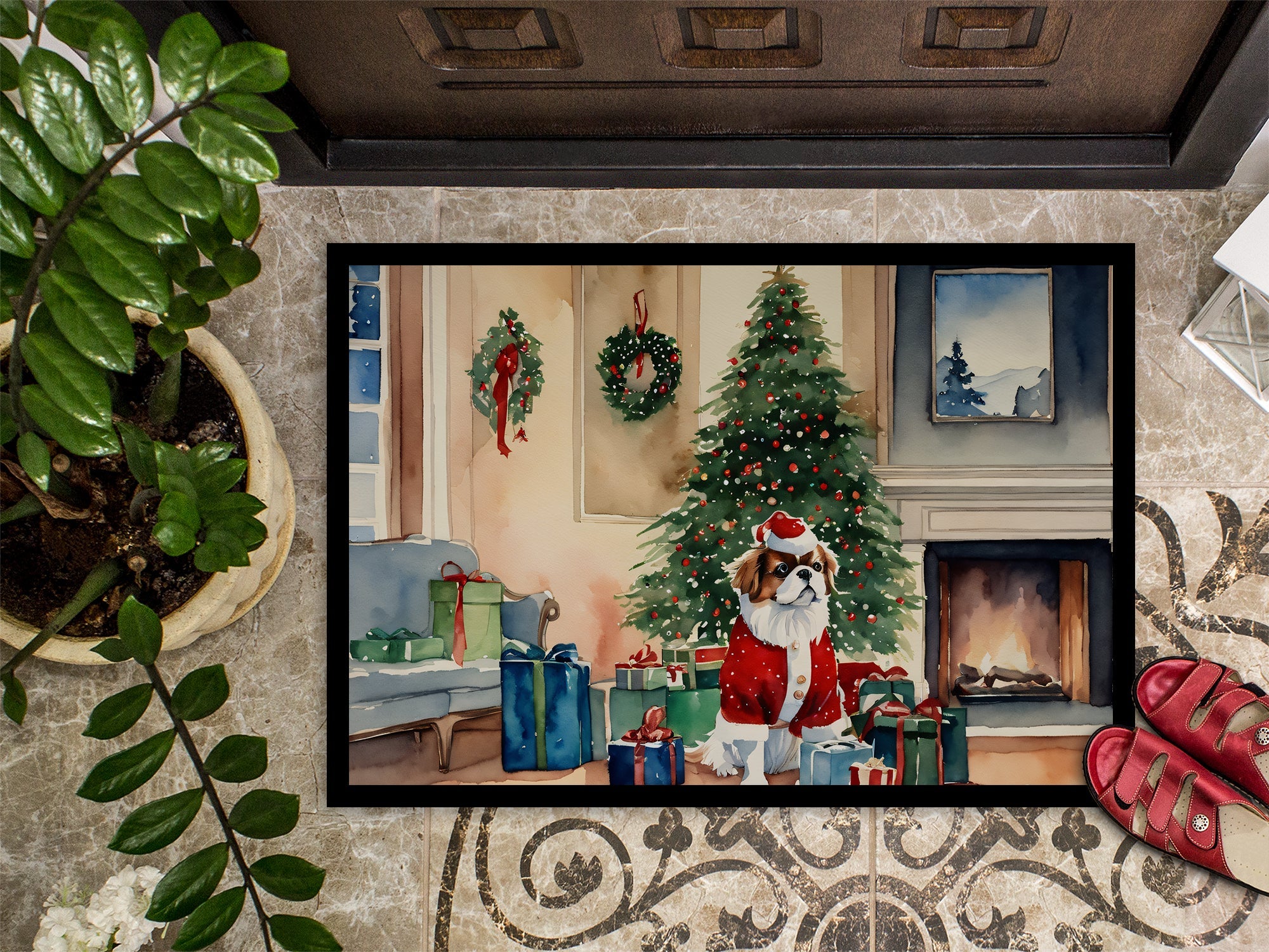 Japanese Chin Cozy Christmas Doormat Indoor Outdoor 18H X 27W Front Door Mat Rugs for Entryway, Non Slip Washable