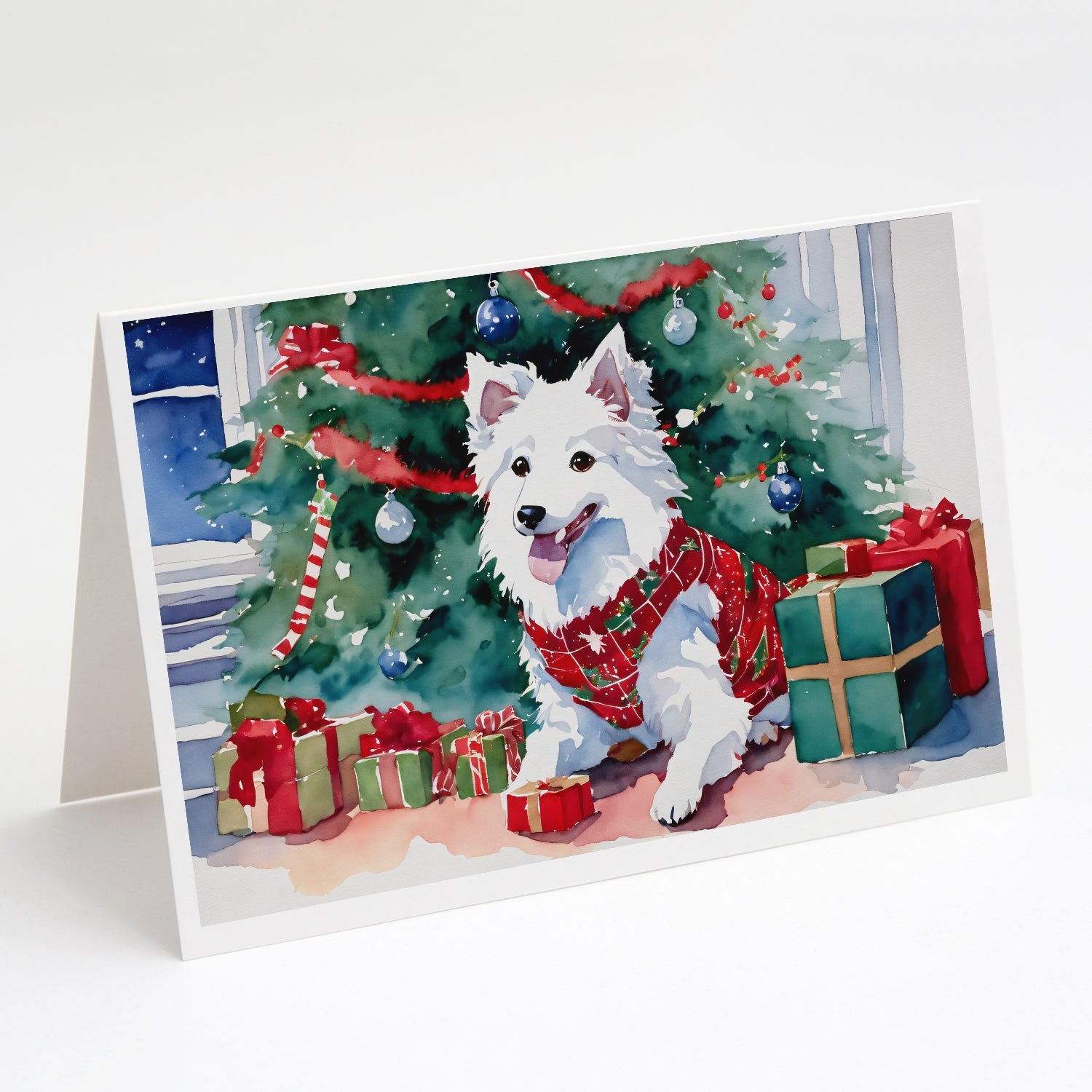 Japanese Spitz Cozy Christmas Greeting Cards Pack of 8 Blank Cards with Envelopes Whimsical A7 Size 5x7