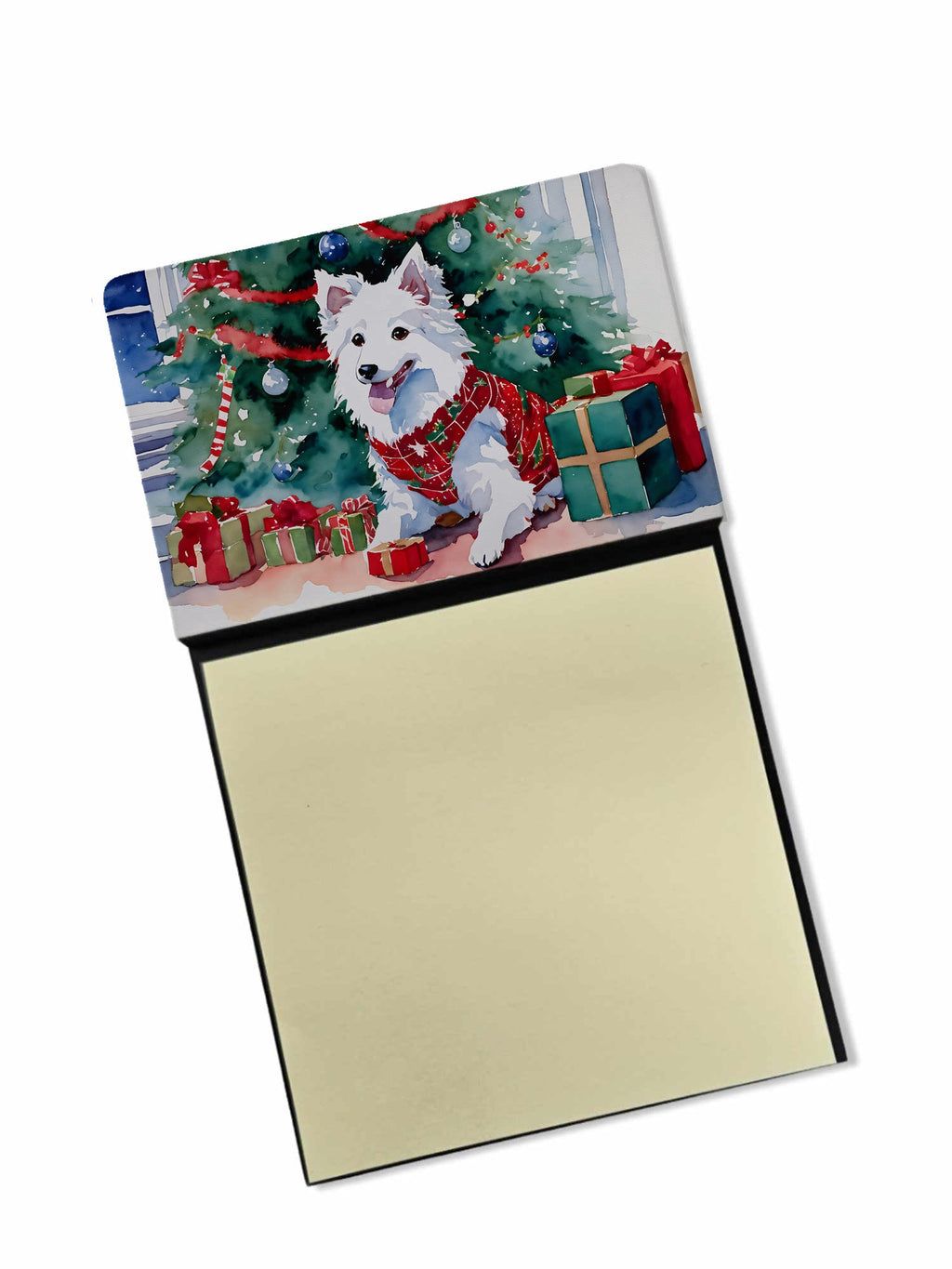 Japanese Spitz Cozy Christmas Watercolor Sticky Note Holder Refillable Dispenser Desk Accessory 3x3 Pad Gift