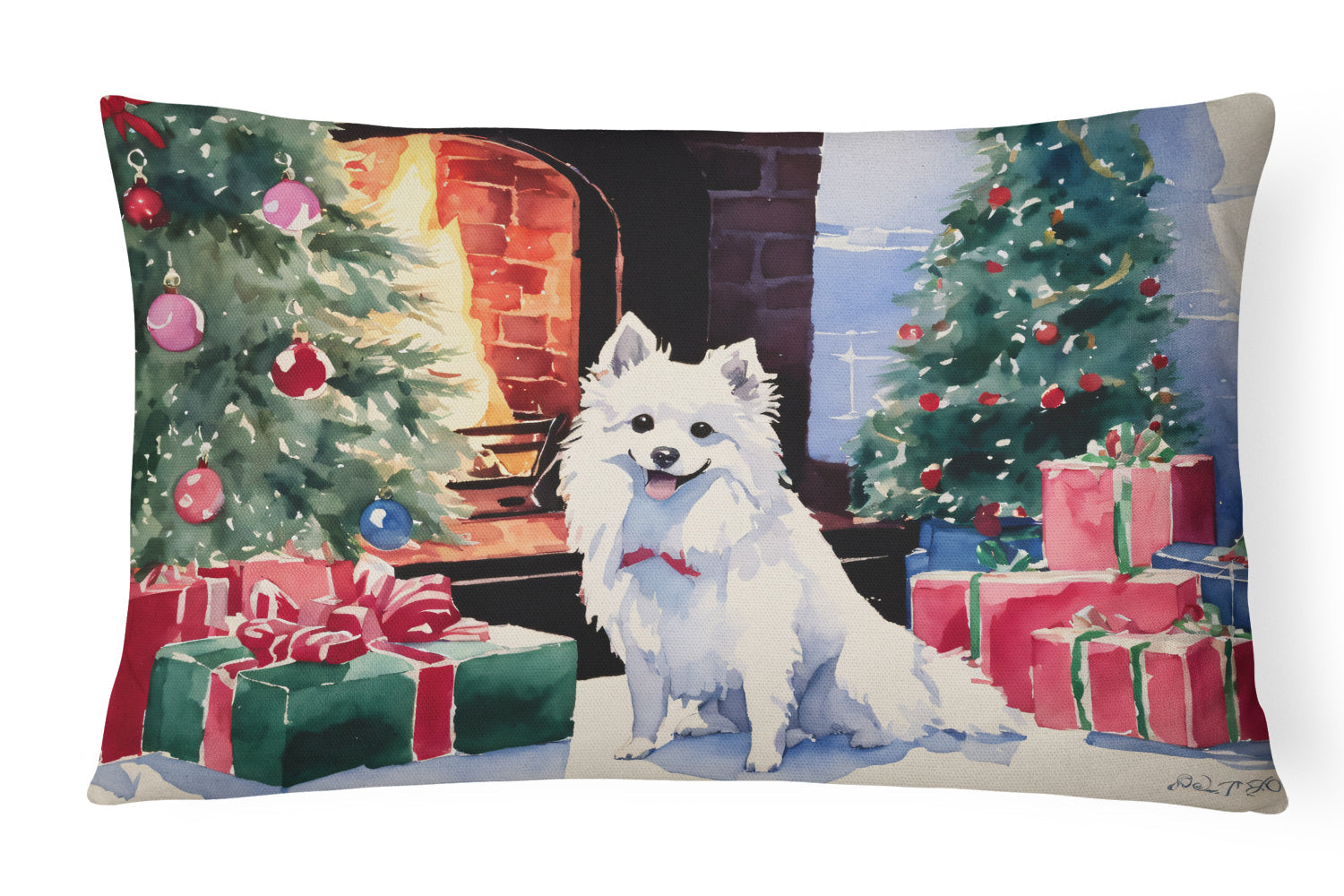 Japanese Spitz Cozy Christmas Decorative Throw Pillow 12x16 Indoor Outdoor Accent Cushion, Fabric Cover with Insert for Sofa, Bed, Porch & Living Room
