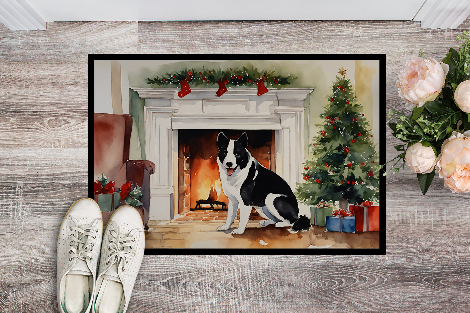 Karelian Bear Dog Cozy Christmas Doormat Indoor Outdoor 24H X 36W Front Door Mat Rugs for Entryway, Non Slip Washable Low Pile,
