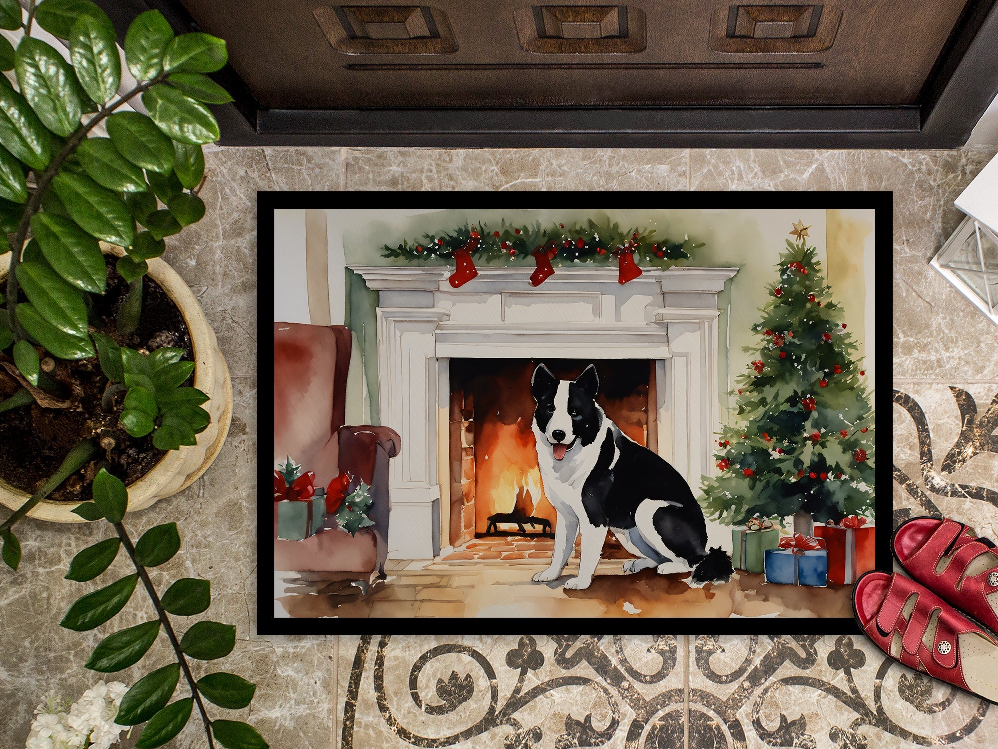 Karelian Bear Dog Cozy Christmas Doormat Indoor Outdoor 24H X 36W Front Door Mat Rugs for Entryway, Non Slip Washable Low Pile,