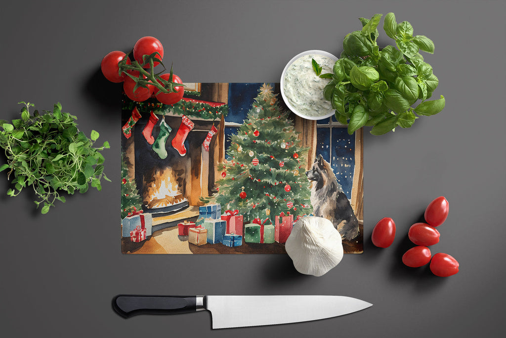 Keeshond Cozy Christmas Cutting Board Tempered Glass Kitchen Cutting Surface, Heat Resistant Chopping, Non-Slip Feet, Food Prep & Serving