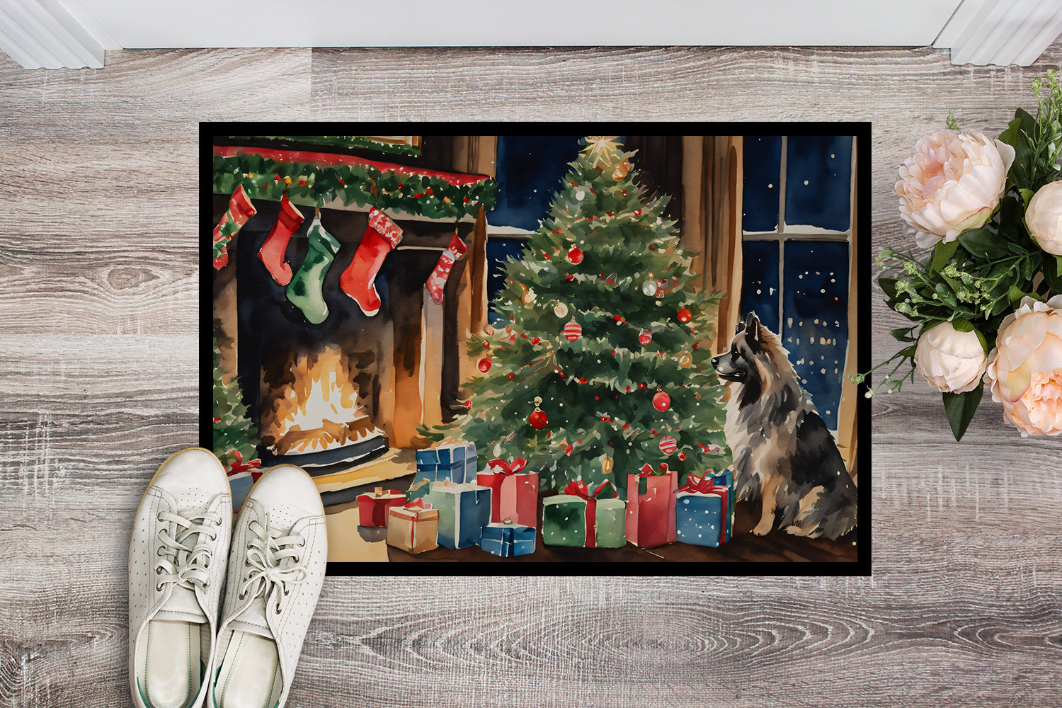 Keeshond Cozy Christmas Doormat Indoor Outdoor 18H X 27W Front Door Mat Rugs for Entryway, Non Slip Washable