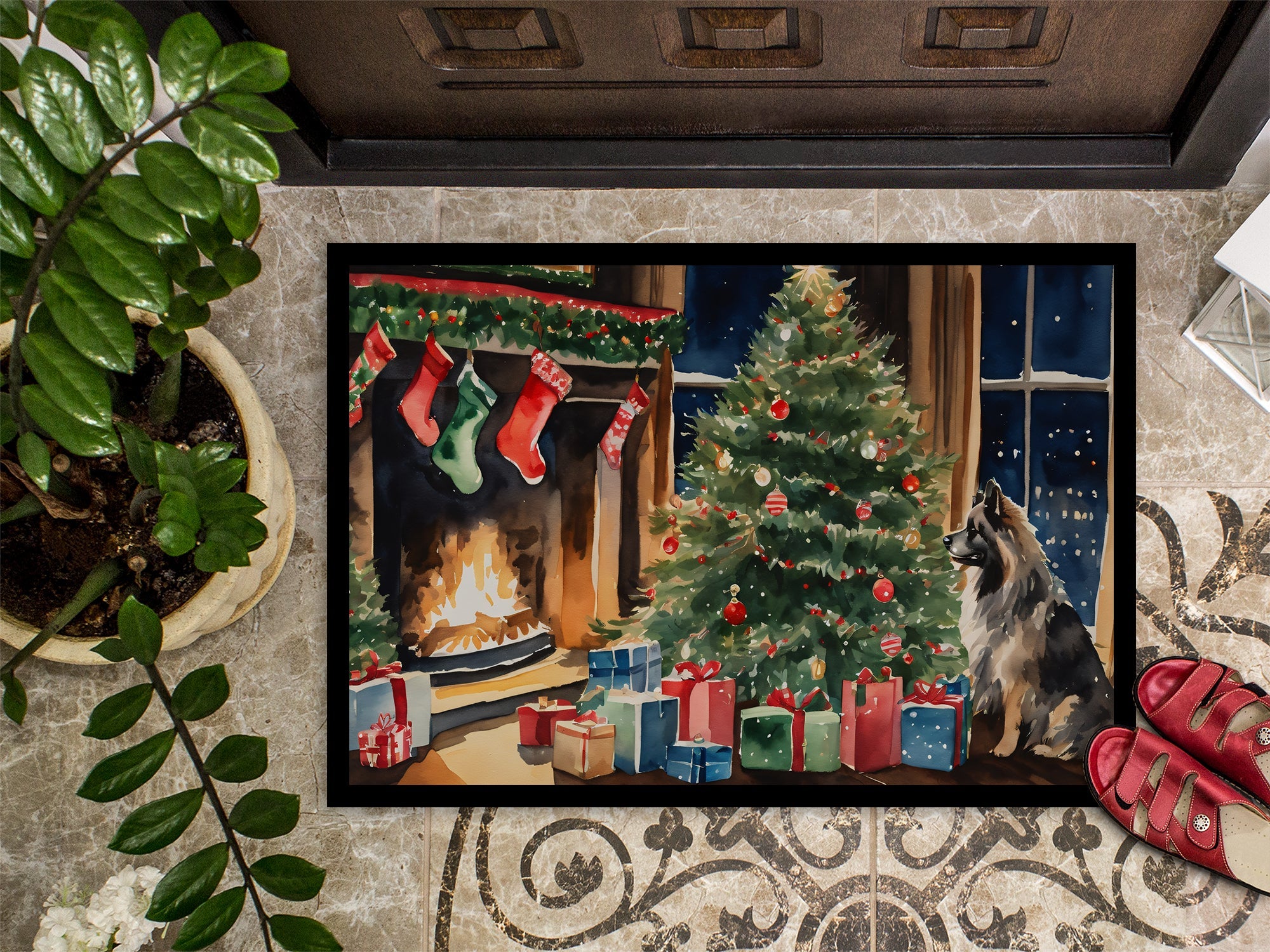 Keeshond Cozy Christmas Doormat Indoor Outdoor 18H X 27W Front Door Mat Rugs for Entryway, Non Slip Washable