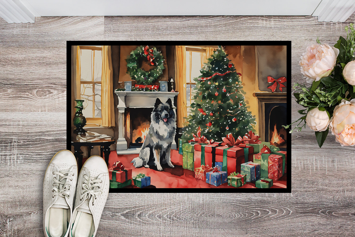 Keeshond Cozy Christmas Doormat Indoor Outdoor 24H X 36W Front Door Mat Rugs for Entryway, Non Slip Washable Low Pile,