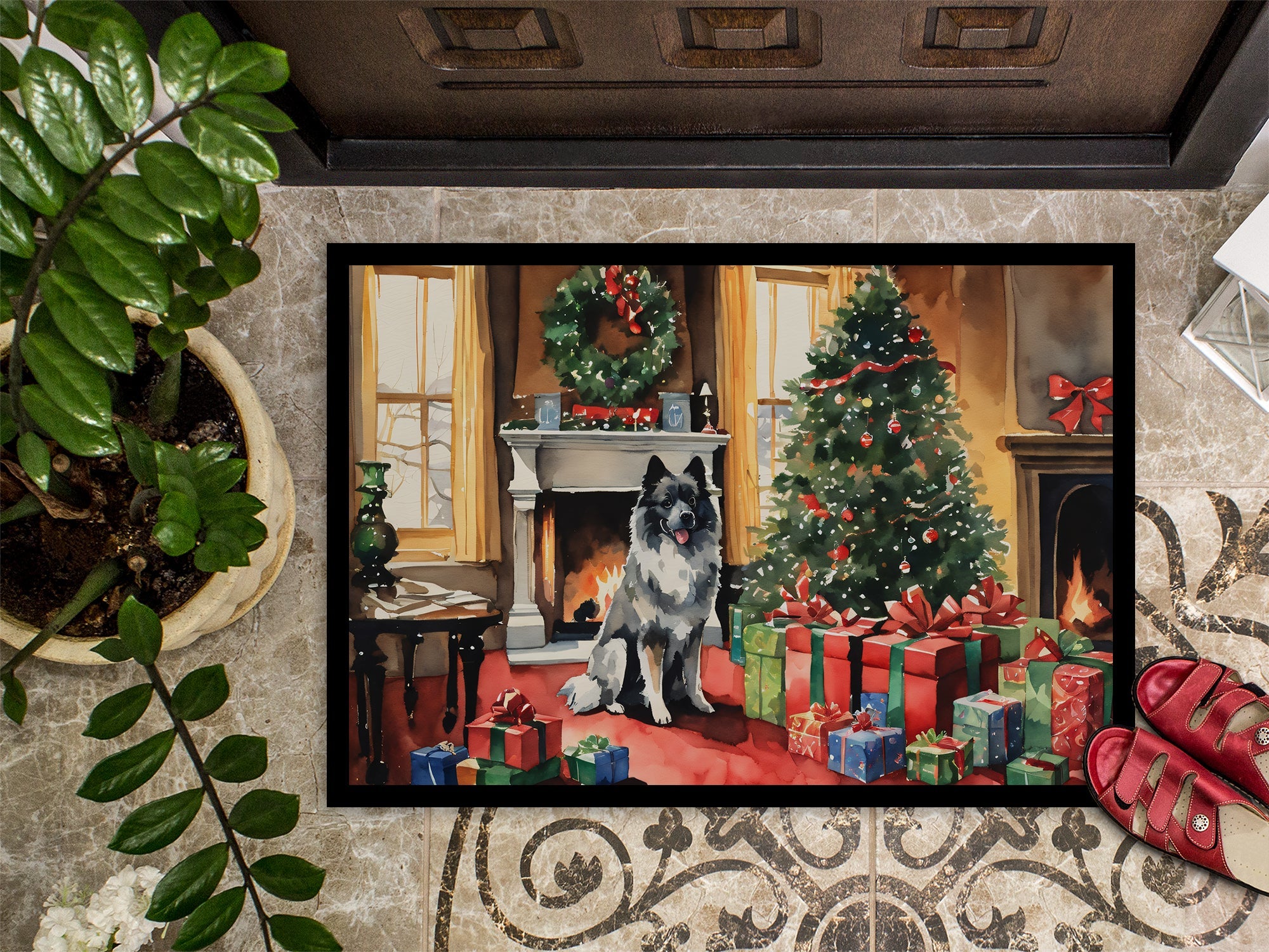 Keeshond Cozy Christmas Doormat Indoor Outdoor 24H X 36W Front Door Mat Rugs for Entryway, Non Slip Washable Low Pile,