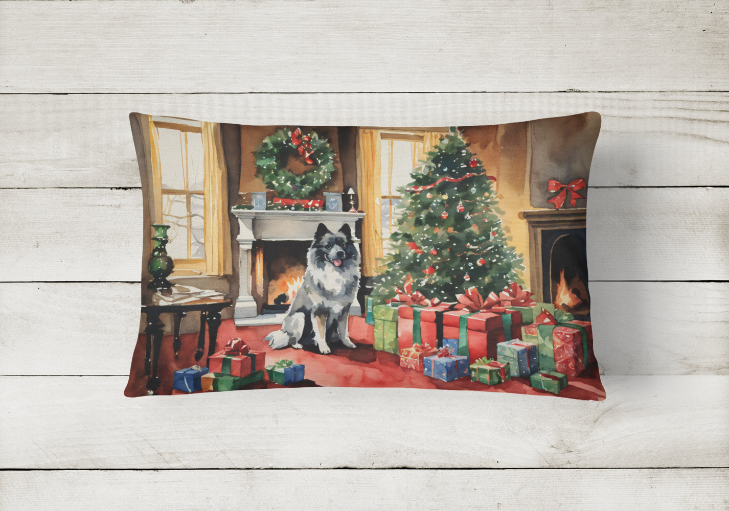 Keeshond Cozy Christmas Decorative Throw Pillow 12x16 Indoor Outdoor Accent Cushion, Fabric Cover with Insert for Sofa, Bed, Porch & Living Room