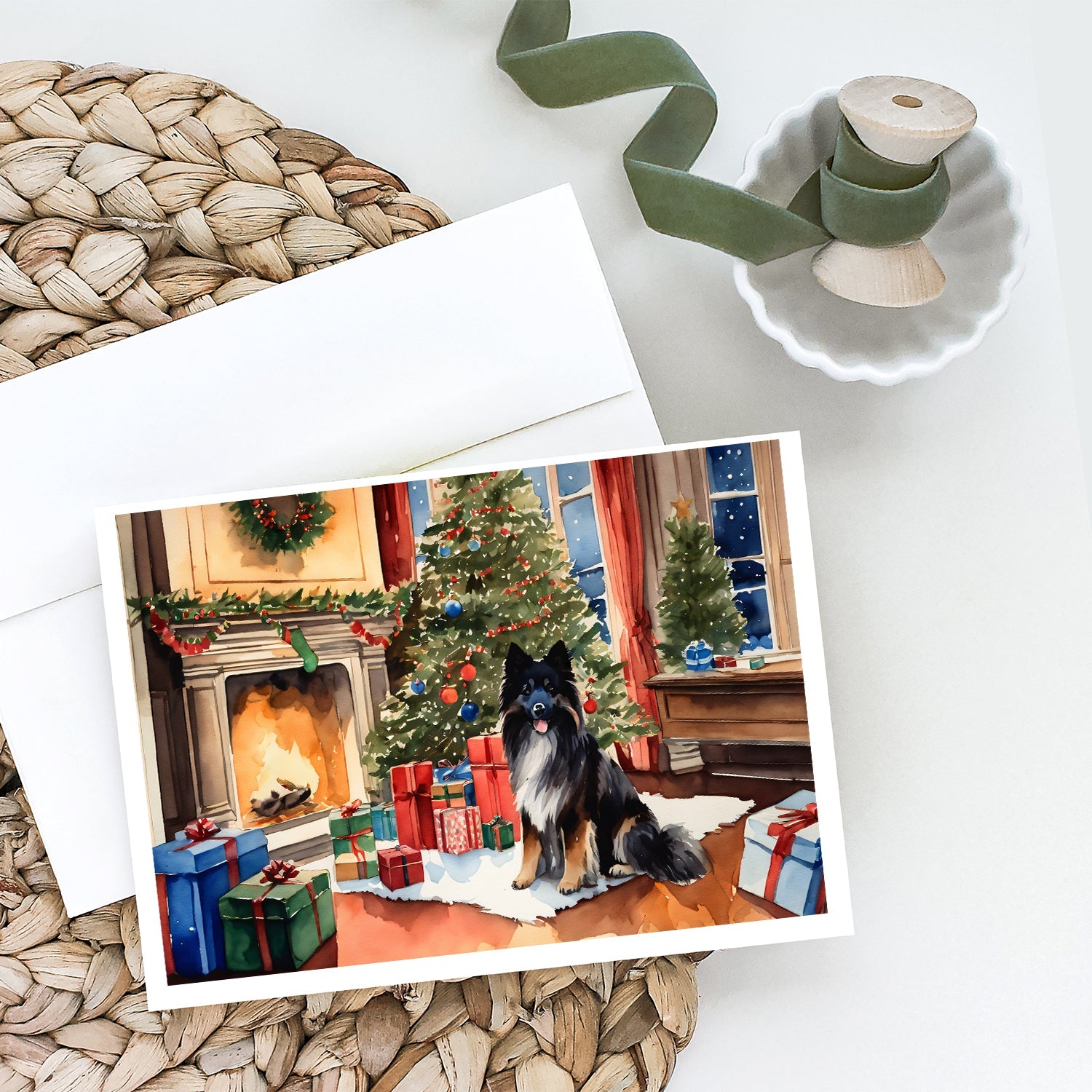 Keeshond Cozy Christmas Greeting Cards Pack of 8 Blank Cards with Envelopes Whimsical A7 Size 5x7