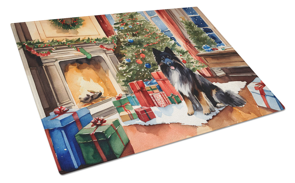 Keeshond Cozy Christmas Cutting Board Tempered Glass Kitchen Cutting Surface, Heat Resistant Chopping, Non-Slip Feet, Food Prep & Serving