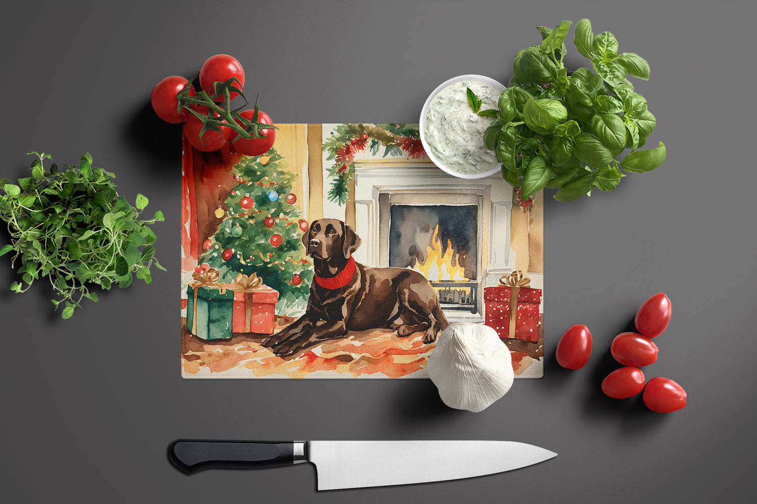 Labrador Retriever Cozy Christmas Cutting Board Tempered Glass Kitchen Cutting Surface, Heat Resistant Chopping, Non-Slip Feet, Food Prep & Serving