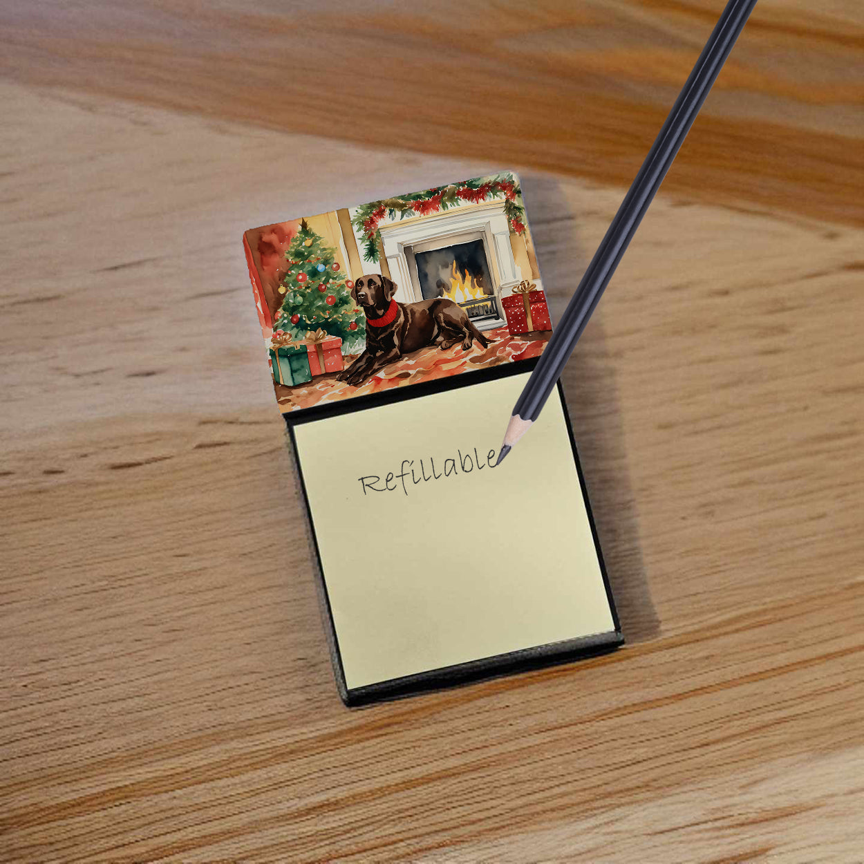 Labrador Retriever Cozy Christmas Watercolor Sticky Note Holder Refillable Dispenser Desk Accessory 3x3 Pad Gift