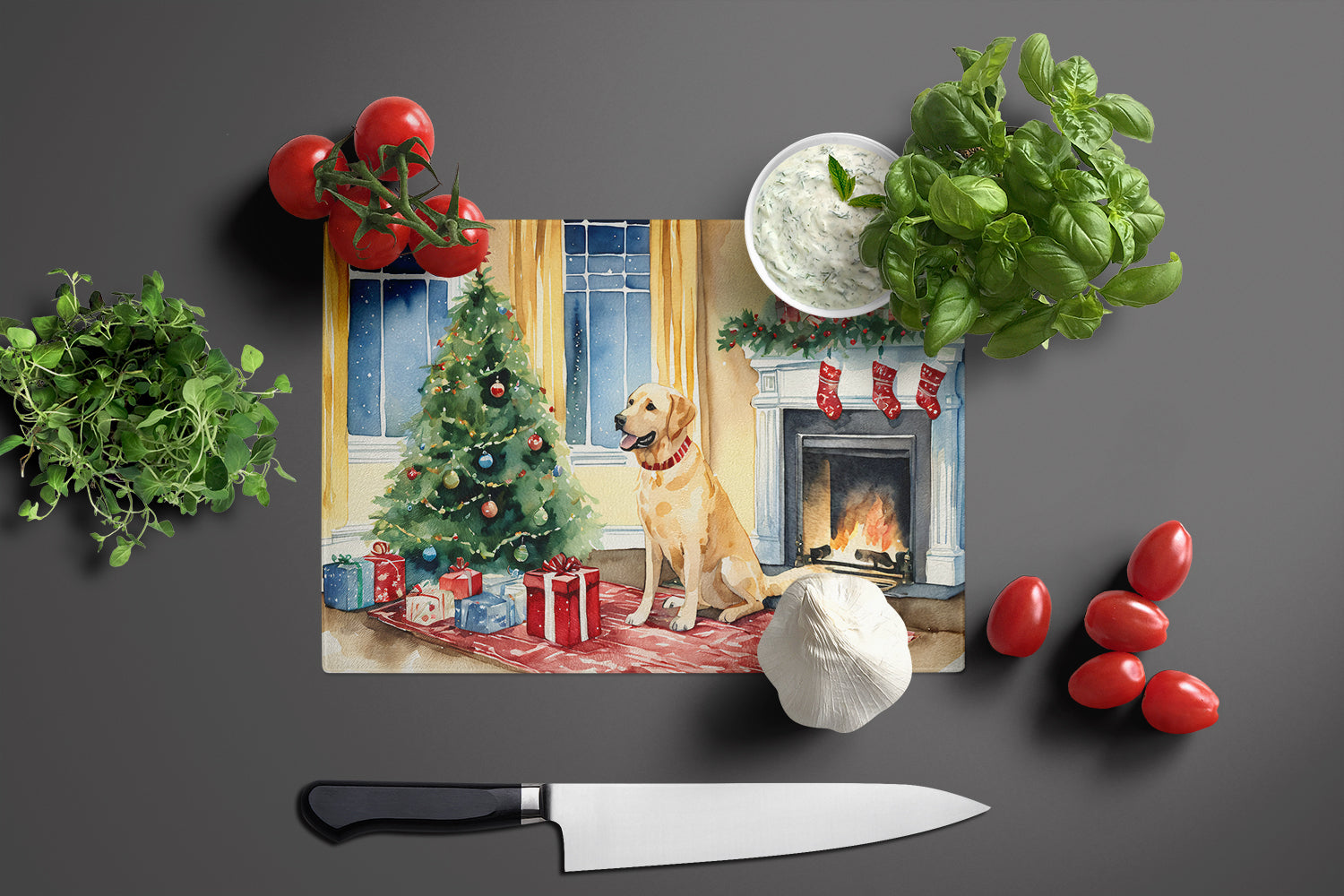 Labrador Retriever Cozy Christmas Cutting Board Tempered Glass Kitchen Cutting Surface, Heat Resistant Chopping, Non-Slip Feet, Food Prep & Serving