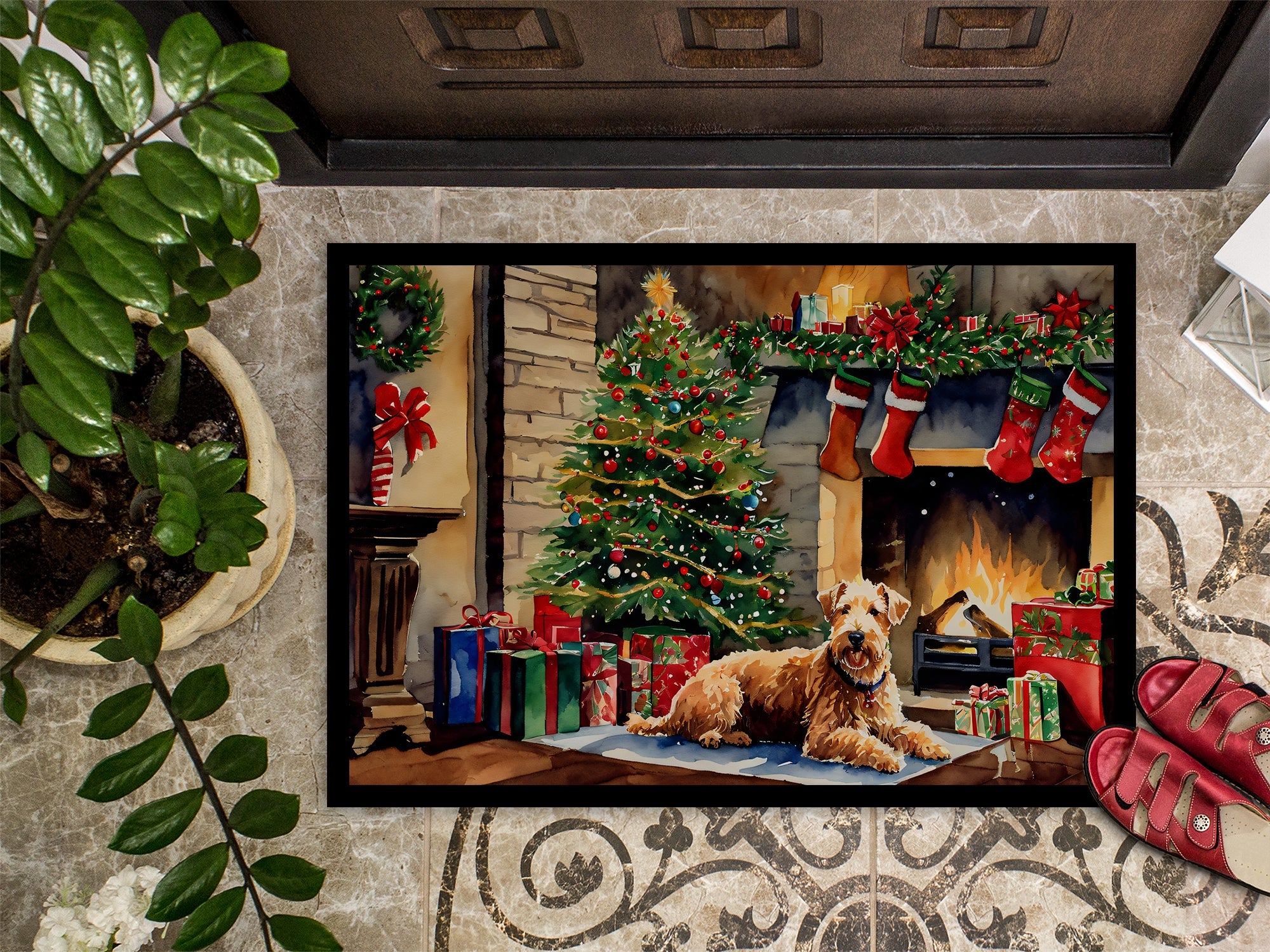 Lakeland Terrier Cozy Christmas Doormat Indoor Outdoor 24H X 36W Front Door Mat Rugs for Entryway, Non Slip Washable Low Pile,