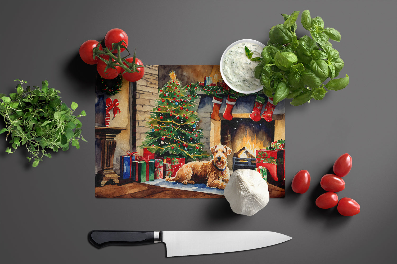 Lakeland Terrier Cozy Christmas Cutting Board Tempered Glass Kitchen Cutting Surface, Heat Resistant Chopping, Non-Slip Feet, Food Prep & Serving