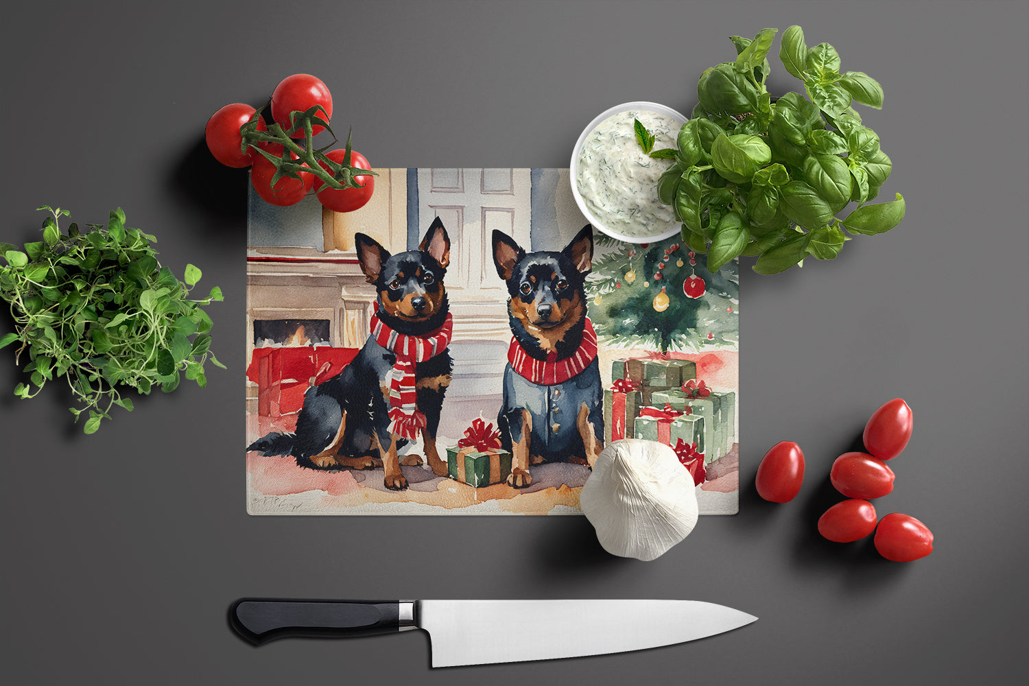 Lancashire Heeler Cozy Christmas Cutting Board Tempered Glass Kitchen Cutting Surface, Heat Resistant Chopping, Non-Slip Feet, Food Prep & Serving
