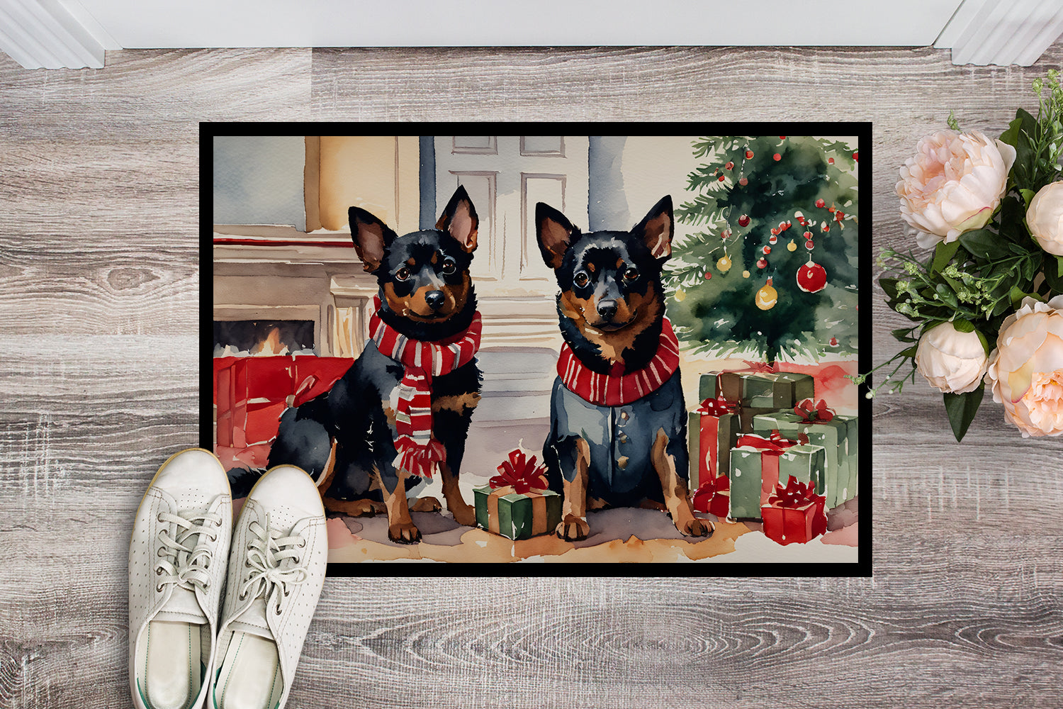 Lancashire Heeler Cozy Christmas Doormat Indoor Outdoor 18H X 27W Front Door Mat Rugs for Entryway, Non Slip Washable