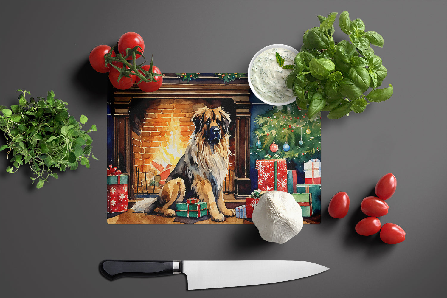 Leonberger Cozy Christmas Cutting Board Tempered Glass Kitchen Cutting Surface, Heat Resistant Chopping, Non-Slip Feet, Food Prep & Serving