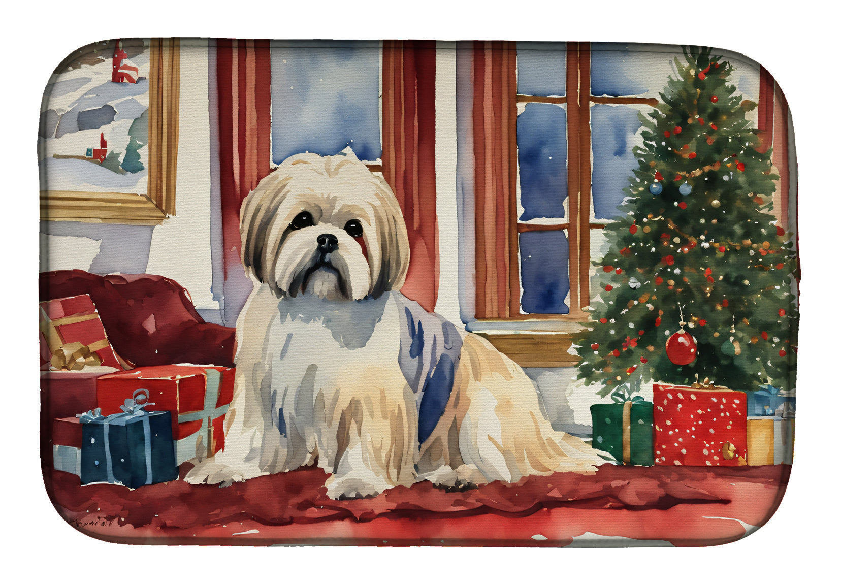 Lhasa Apso Cozy Christmas Dish Drying Mat Absorbent Dish Drying Mat Pad for Kitchen Counter Dish Drainer Mat for Countertop, 14 x 21", Multicolor