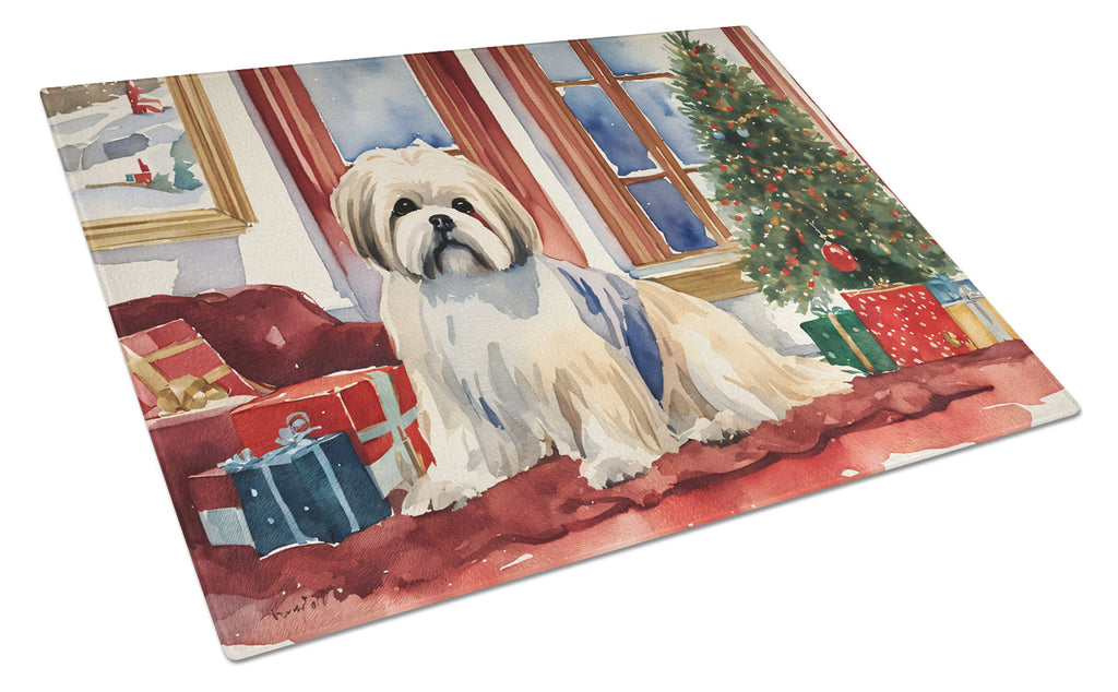 Lhasa Apso Cozy Christmas Cutting Board Tempered Glass Kitchen Cutting Surface, Heat Resistant Chopping, Non-Slip Feet, Food Prep & Serving